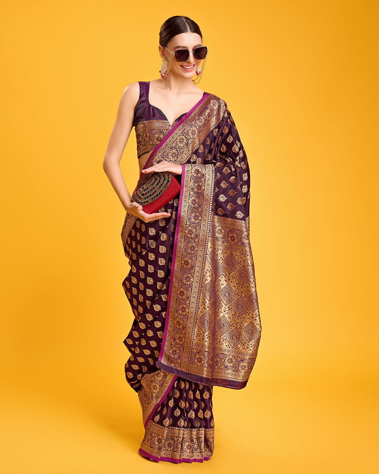 Wine Banarasi Silk Zari Weaving Traditional saree - Monjolika Fashion Wine Banarasi Silk Zari Weaving Traditional saree - Monjolika Fashion