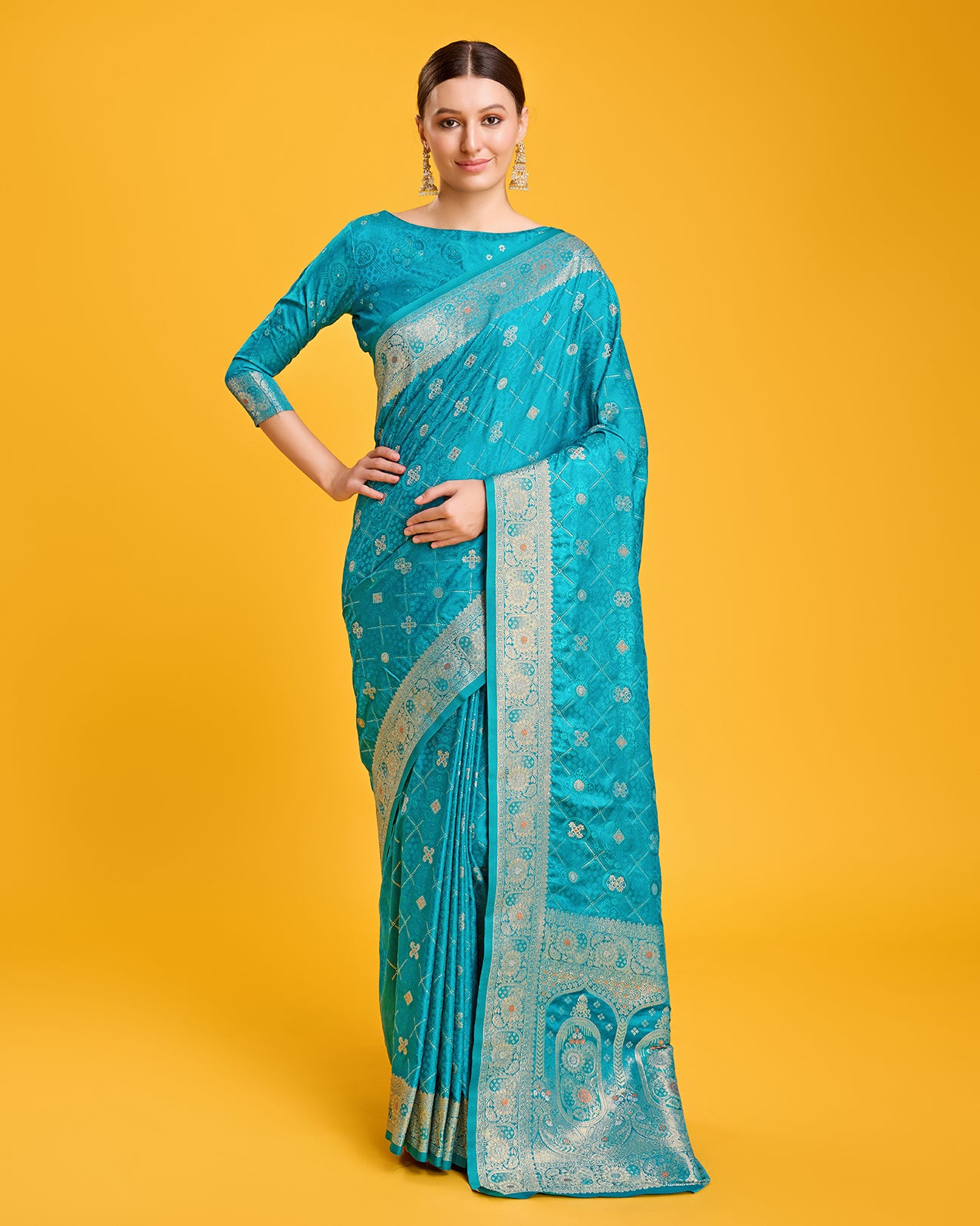 Turquoise Banarasi Satin Silk Stunning Saree - Monjolika Fashion Turquoise Banarasi Satin Silk Stunning Saree - Monjolika Fashion
