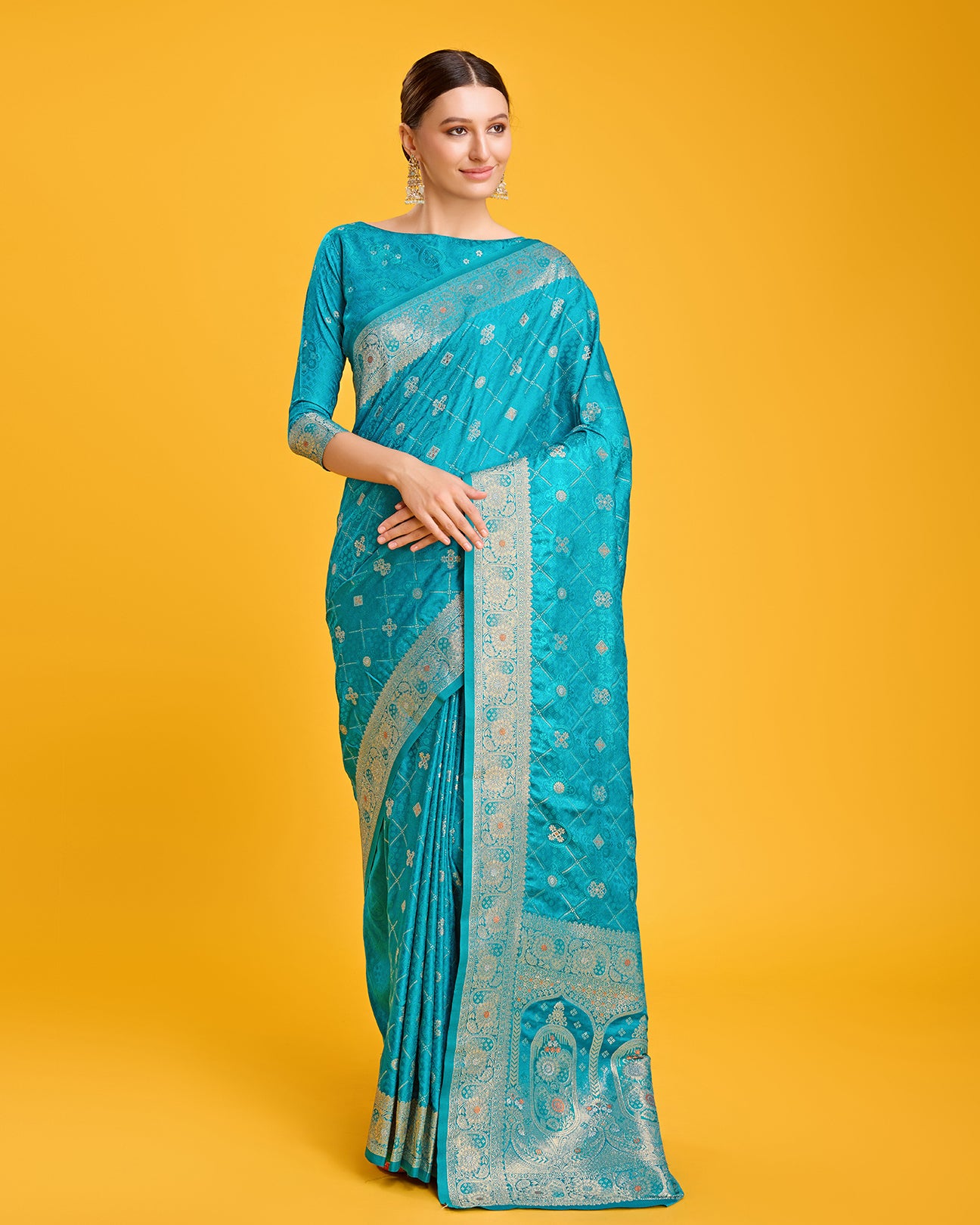 Turquoise Banarasi Satin Silk Stunning Saree - Monjolika Fashion Turquoise Banarasi Satin Silk Stunning Saree - Monjolika Fashion