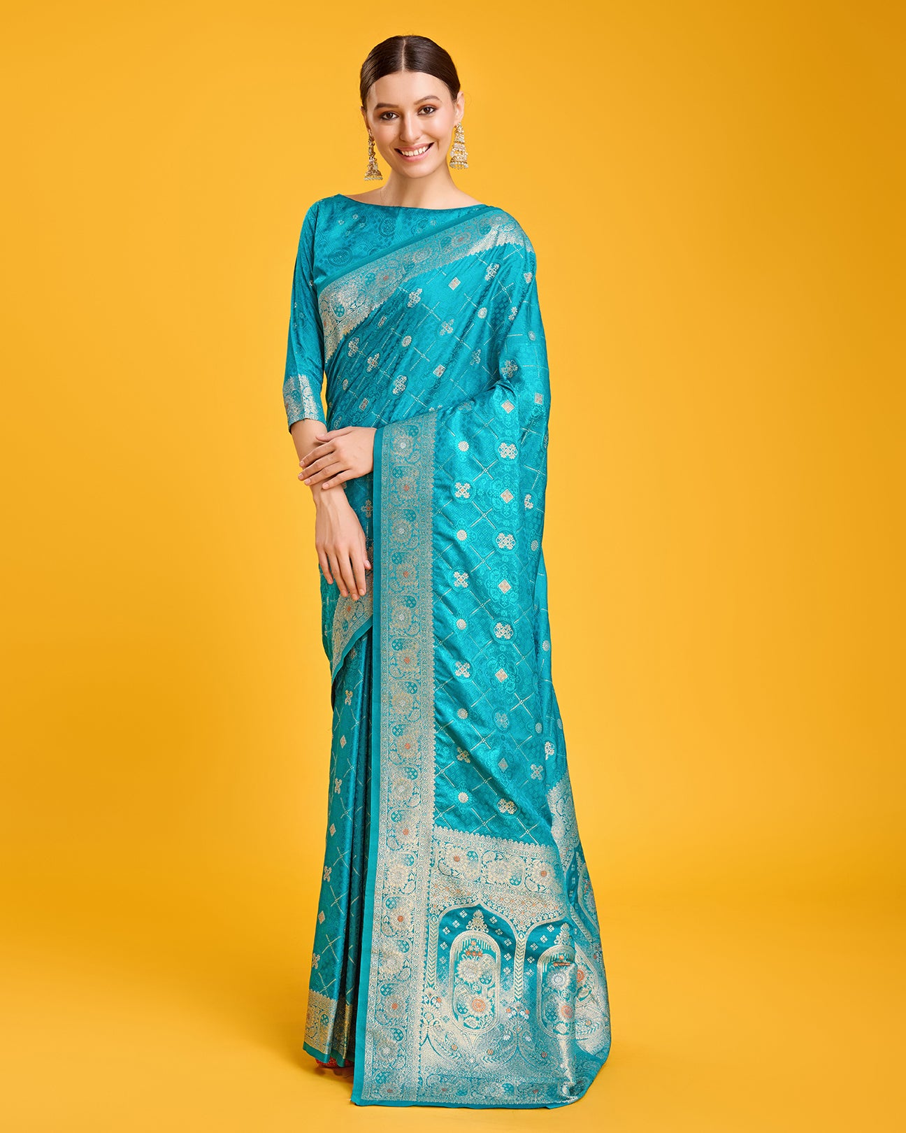 Turquoise Banarasi Satin Silk Stunning Saree - Monjolika Fashion Turquoise Banarasi Satin Silk Stunning Saree - Monjolika Fashion
