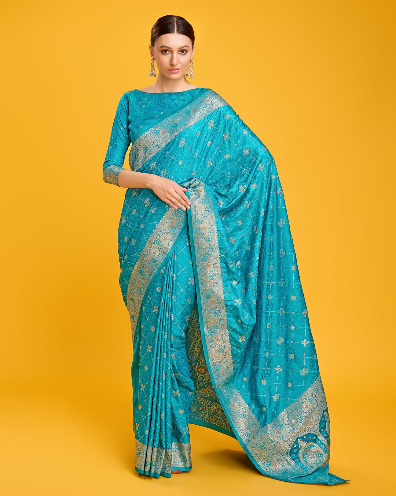 Turquoise Banarasi Satin Silk Stunning Saree - Monjolika Fashion Turquoise Banarasi Satin Silk Stunning Saree - Monjolika Fashion