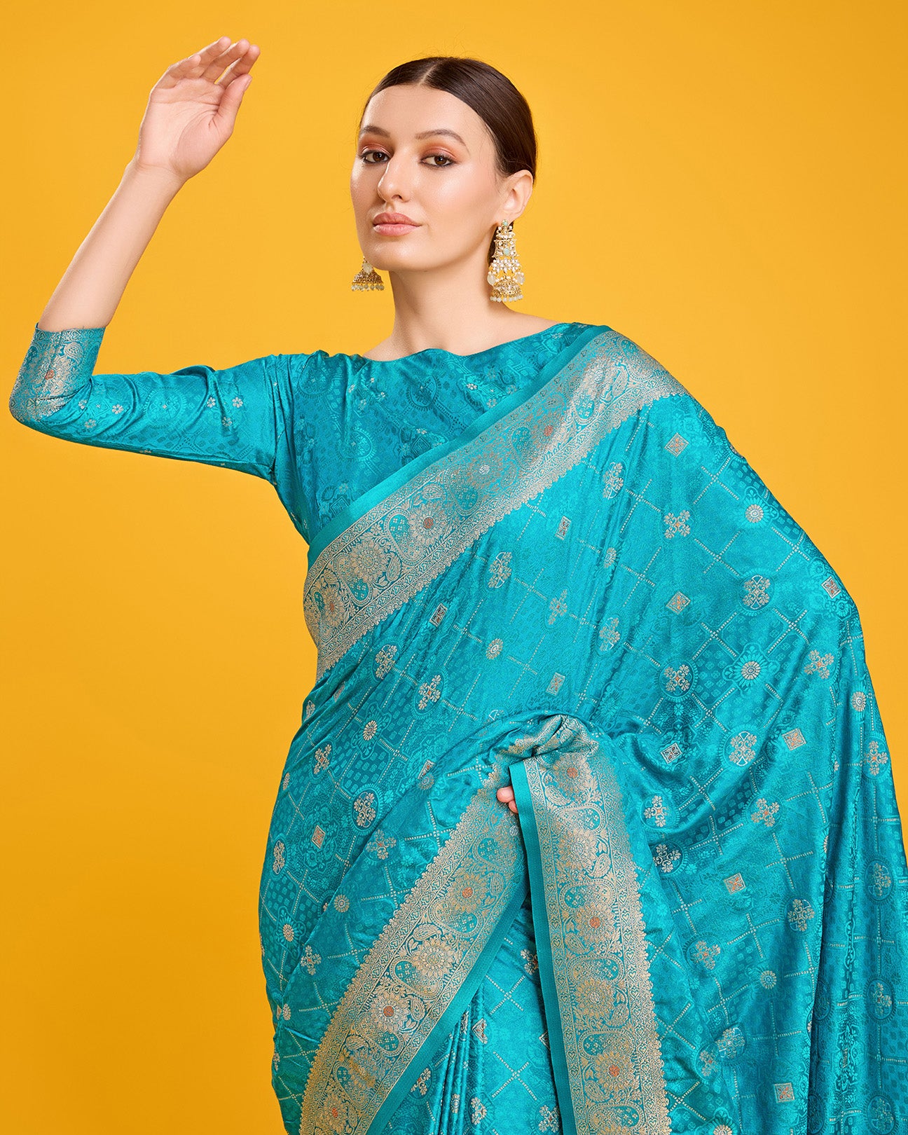 Turquoise Banarasi Satin Silk Stunning Saree - Monjolika Fashion Turquoise Banarasi Satin Silk Stunning Saree - Monjolika Fashion