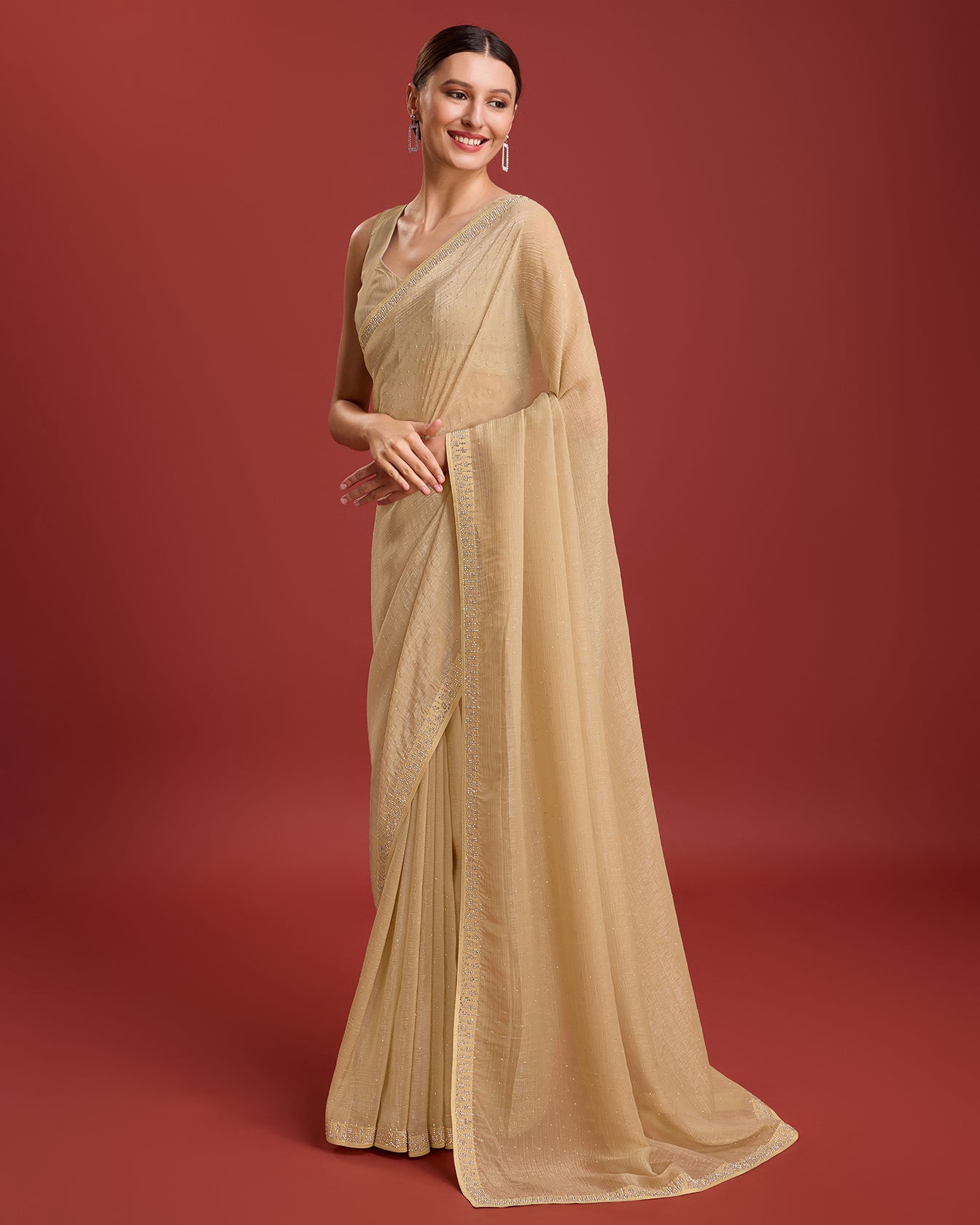 Chikoo Crush Organza Swarovski Festival Saree - Monjolika Fashion Chikoo Crush Organza Swarovski Festival Saree - Monjolika Fashion