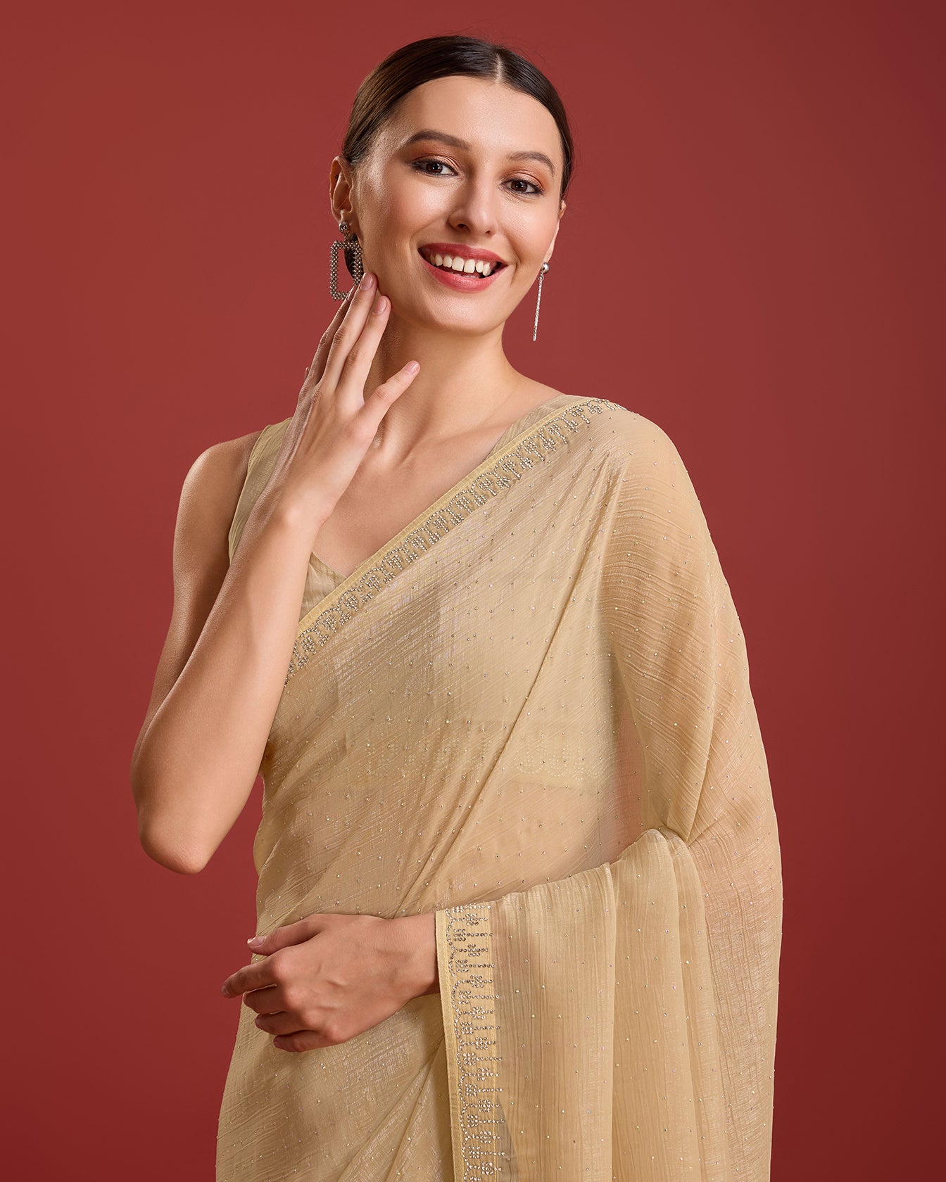 Chikoo Crush Organza Swarovski Festival Saree - Monjolika Fashion Chikoo Crush Organza Swarovski Festival Saree - Monjolika Fashion