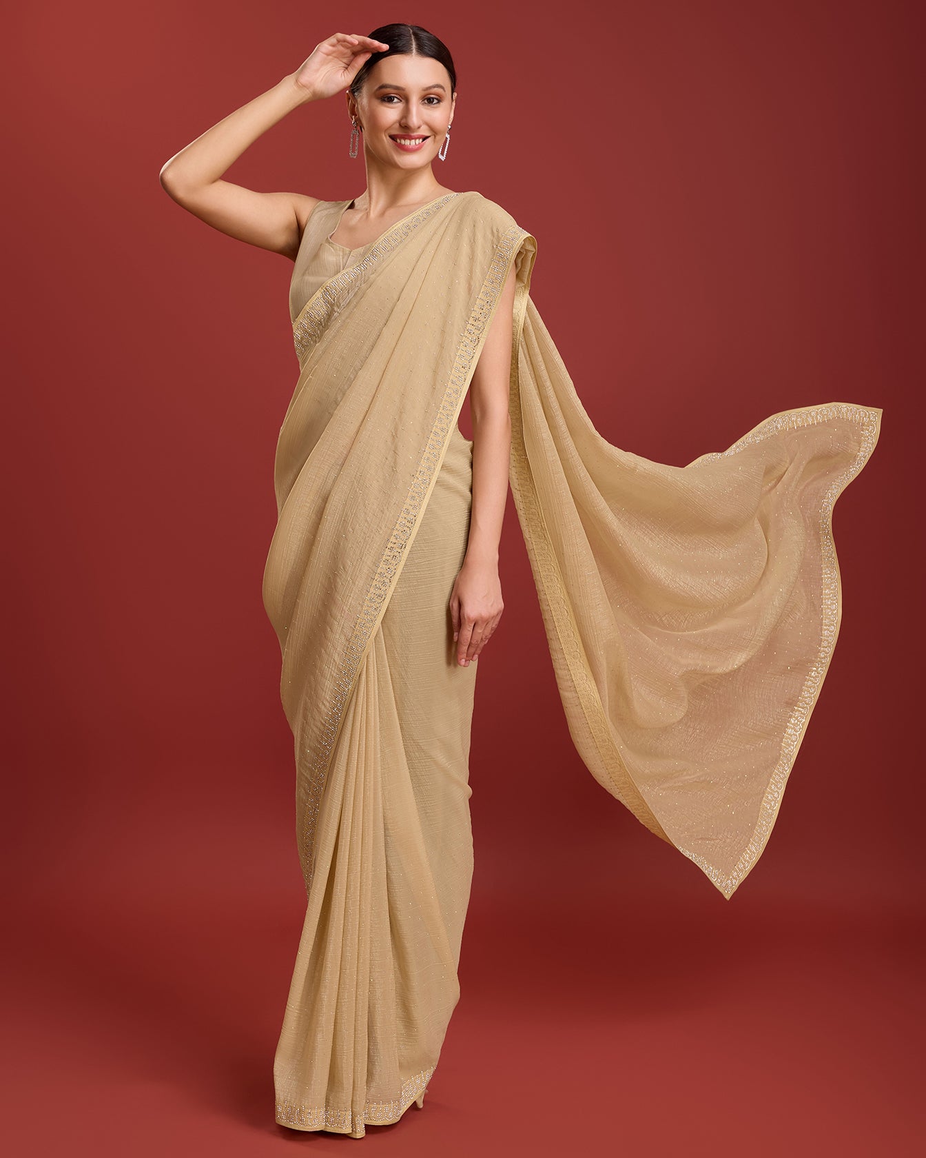 Chikoo Crush Organza Swarovski Festival Saree - Monjolika Fashion Chikoo Crush Organza Swarovski Festival Saree - Monjolika Fashion