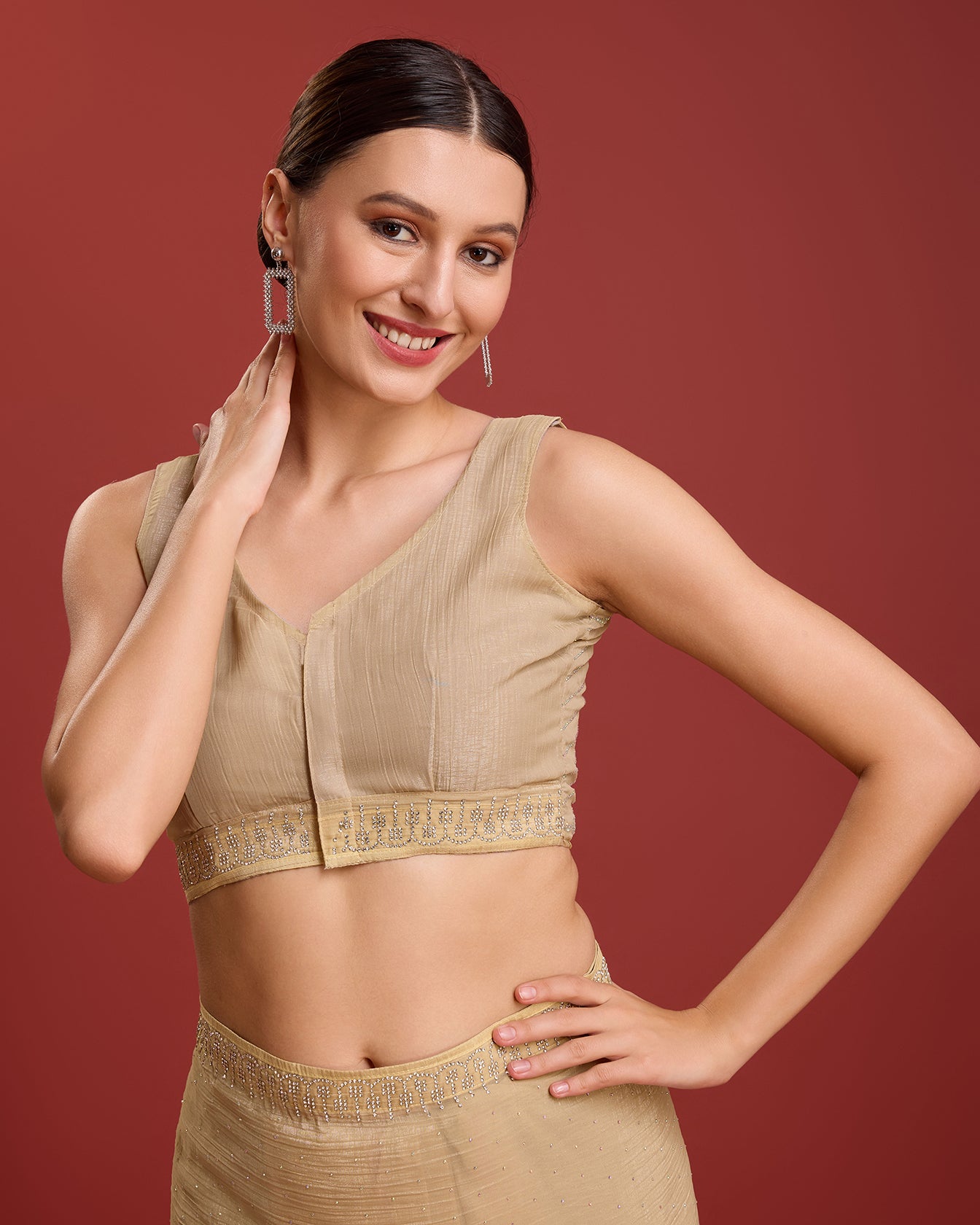 Chikoo Crush Organza Swarovski Festival Saree - Monjolika Fashion Chikoo Crush Organza Swarovski Festival Saree - Monjolika Fashion