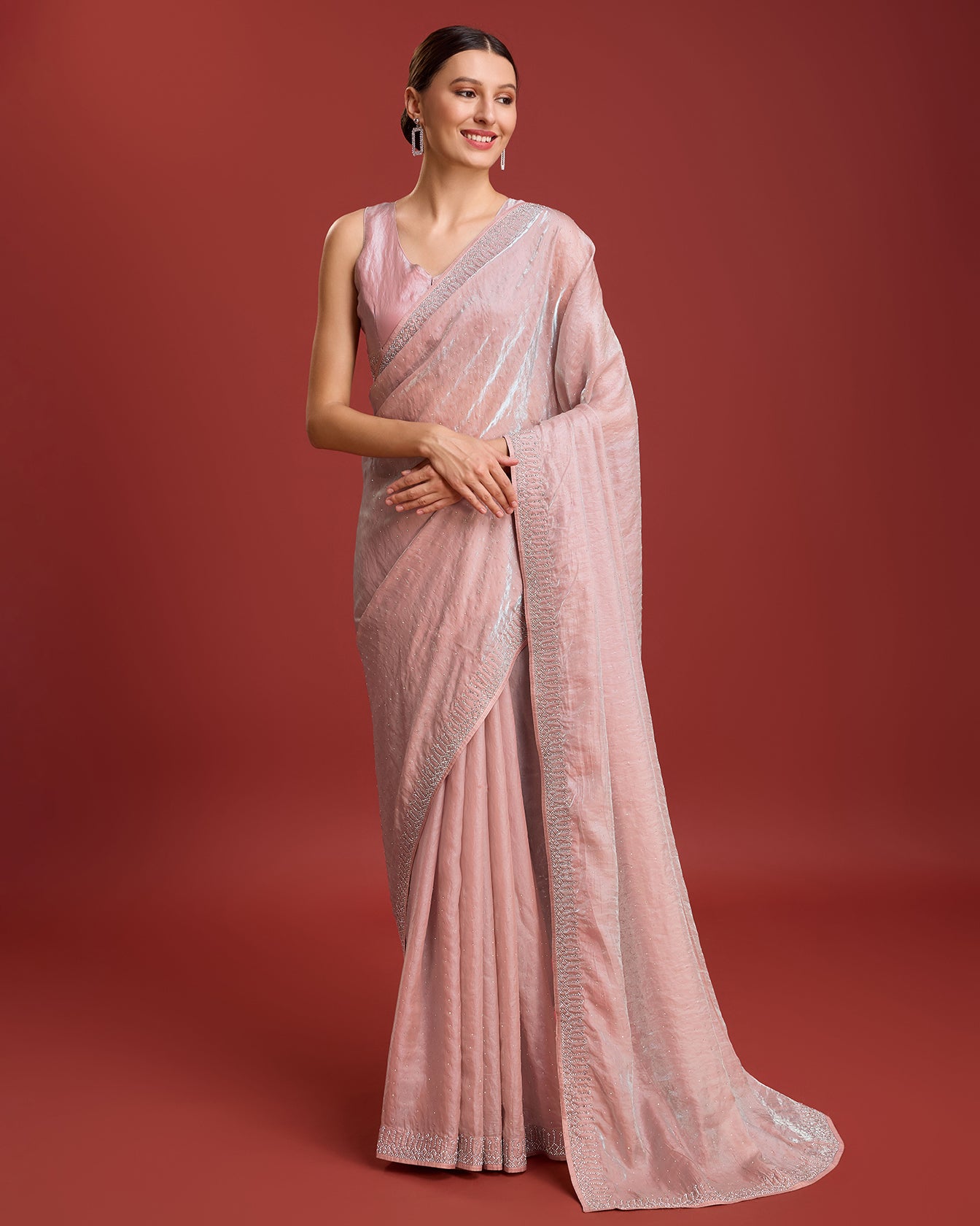 Coral Organza silk Swarovski Partywear Saree - Monjolika Fashion Coral Organza silk Swarovski Partywear Saree - Monjolika Fashion