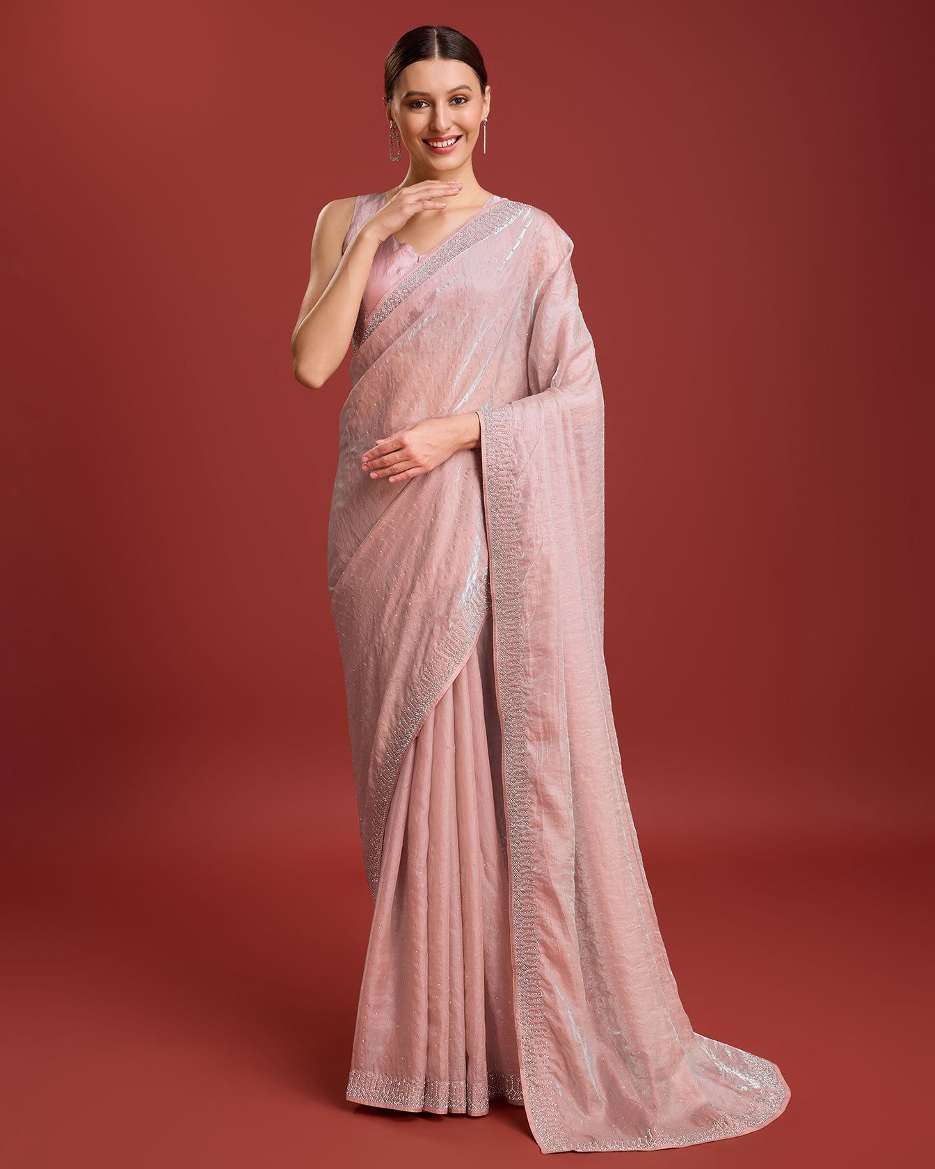 Coral Organza silk Swarovski Partywear Saree - Monjolika Fashion Coral Organza silk Swarovski Partywear Saree - Monjolika Fashion