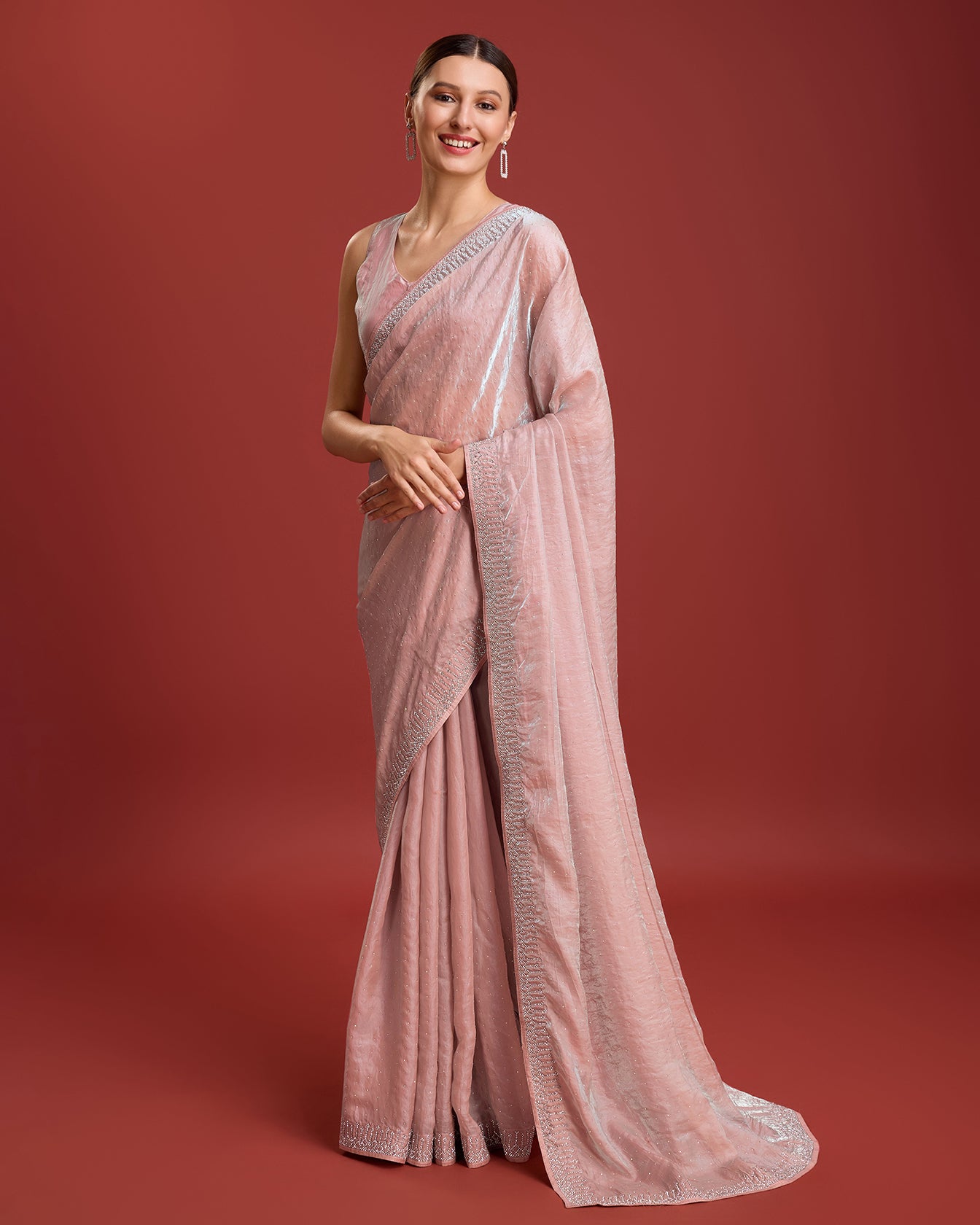 Coral Organza silk Swarovski Partywear Saree - Monjolika Fashion Coral Organza silk Swarovski Partywear Saree - Monjolika Fashion