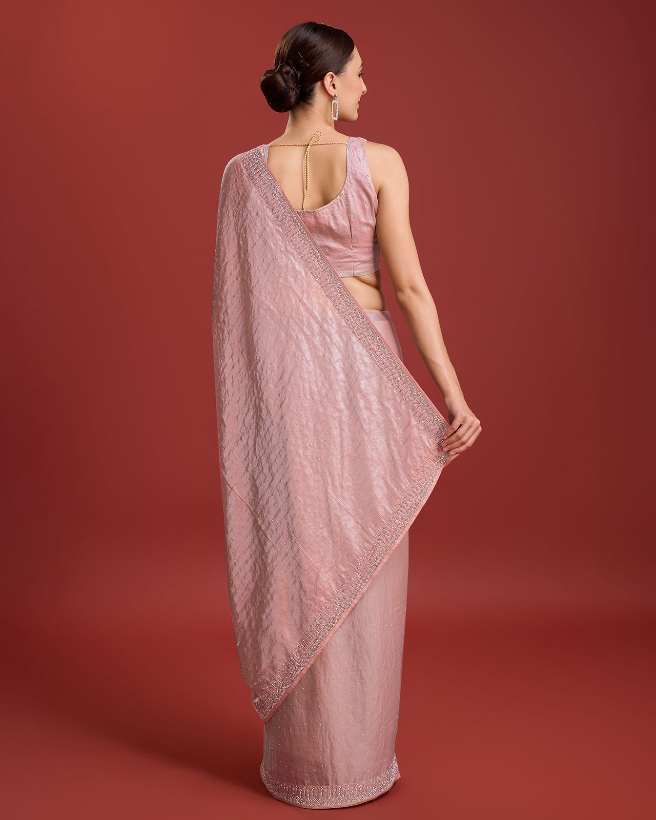 Coral Organza silk Swarovski Partywear Saree - Monjolika Fashion Coral Organza silk Swarovski Partywear Saree - Monjolika Fashion