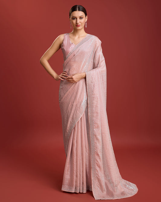 Coral Organza silk Swarovski Partywear Saree - Monjolika Fashion