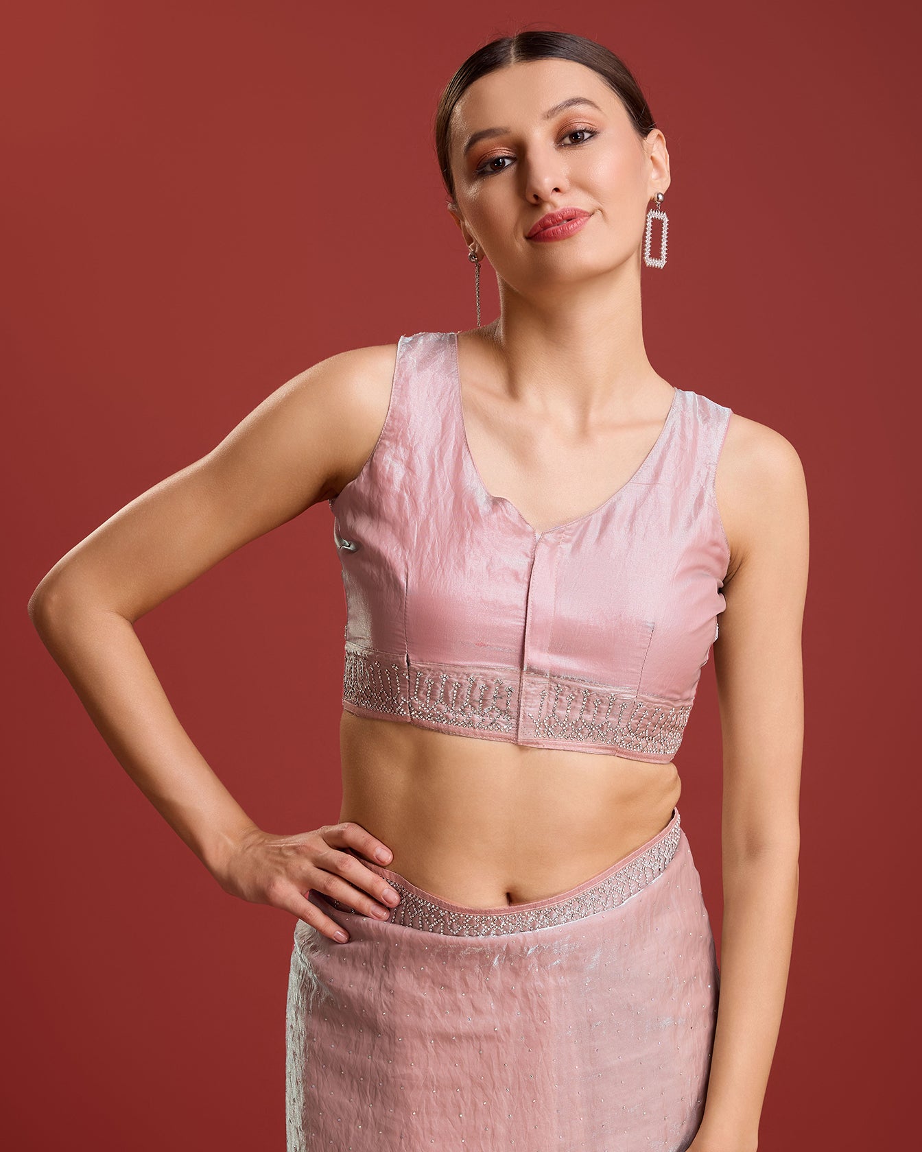 Coral Organza silk Swarovski Partywear Saree - Monjolika Fashion Coral Organza silk Swarovski Partywear Saree - Monjolika Fashion