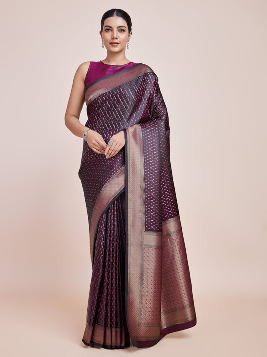 Wine Banarasi Satin Silk Zari Woven Luxurious Saree - Monjolika Fashion