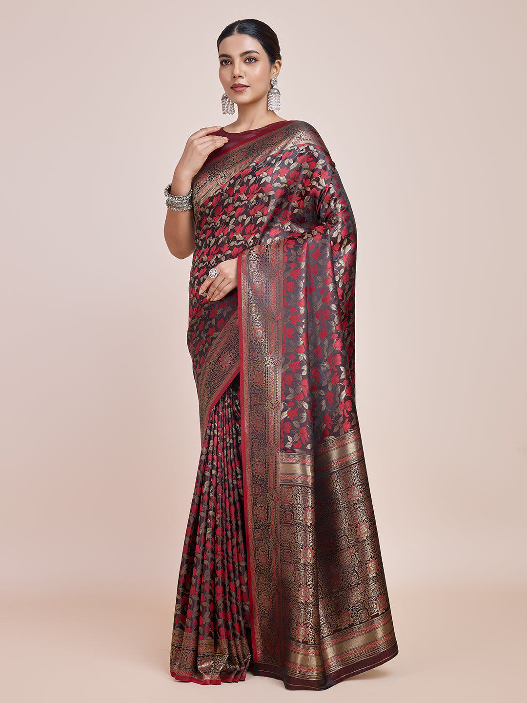 Maroon Banarasi Satin Silk Woven Traditional Saree - Monjolika Fashion Maroon Banarasi Satin Silk Woven Traditional Saree - Monjolika Fashion