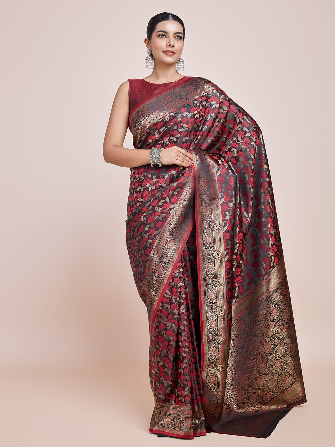 Maroon Banarasi Satin Silk Woven Traditional Saree - Monjolika Fashion Maroon Banarasi Satin Silk Woven Traditional Saree - Monjolika Fashion