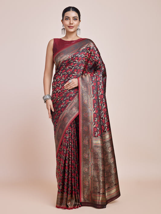 Maroon Banarasi Satin Silk Woven Traditional Saree - Monjolika Fashion