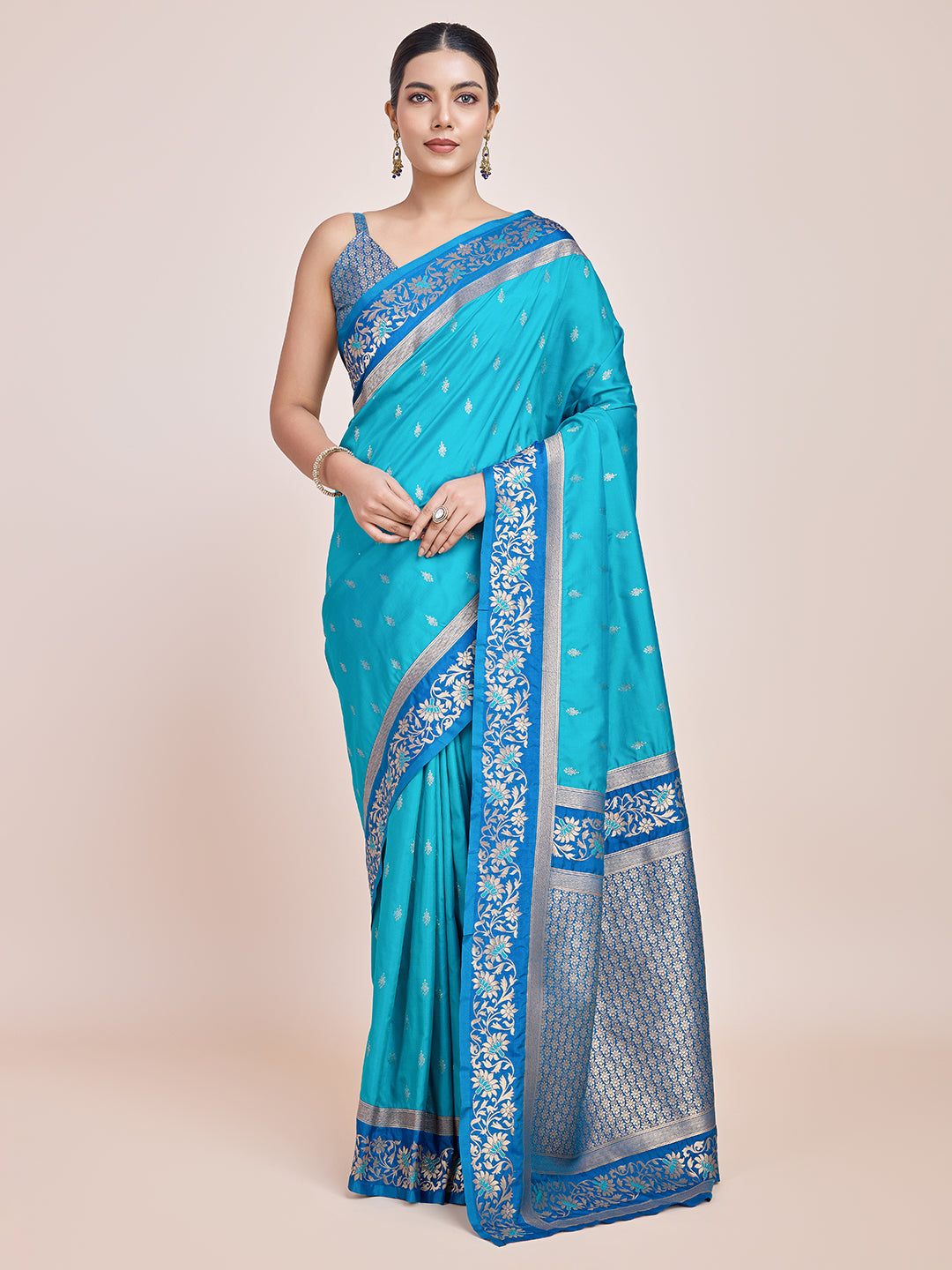 Cyan Banarasi Satin Silk Woven Classic Saree - Monjolika Fashion Cyan Banarasi Satin Silk Woven Classic Saree - Monjolika Fashion