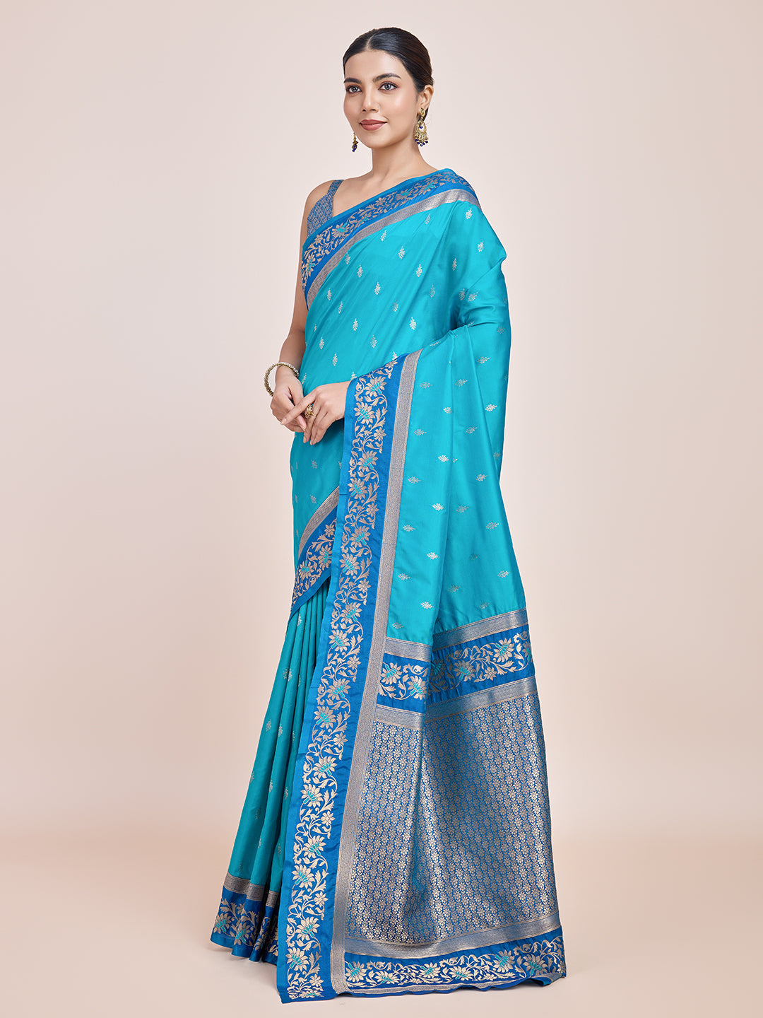 Cyan Banarasi Satin Silk Woven Classic Saree - Monjolika Fashion Cyan Banarasi Satin Silk Woven Classic Saree - Monjolika Fashion