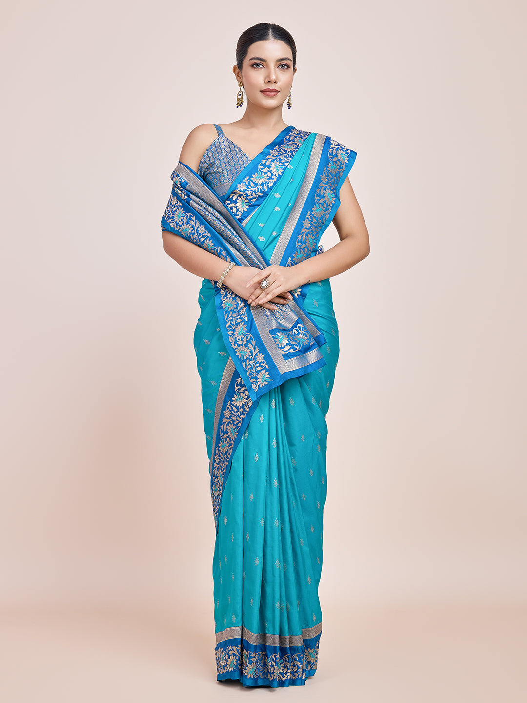 Cyan Banarasi Satin Silk Woven Classic Saree - Monjolika Fashion Cyan Banarasi Satin Silk Woven Classic Saree - Monjolika Fashion