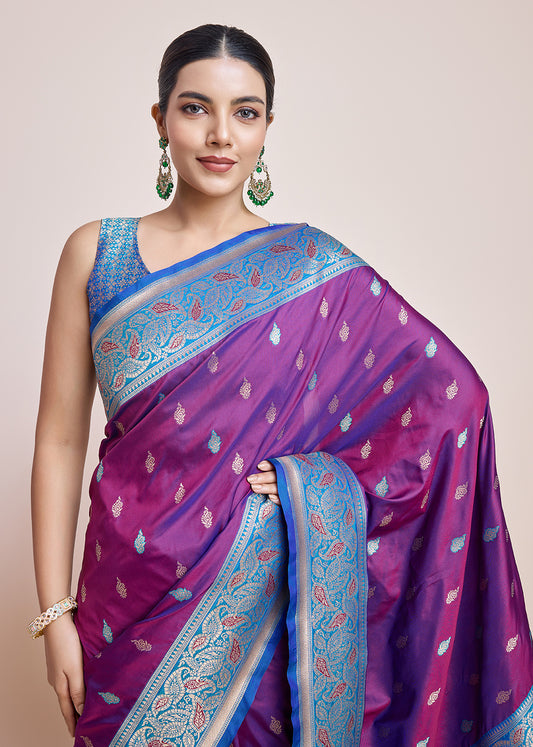 Purple Banarasi Satin Silk Rich Zari Work Traditional Saree - Monjolika Fashion