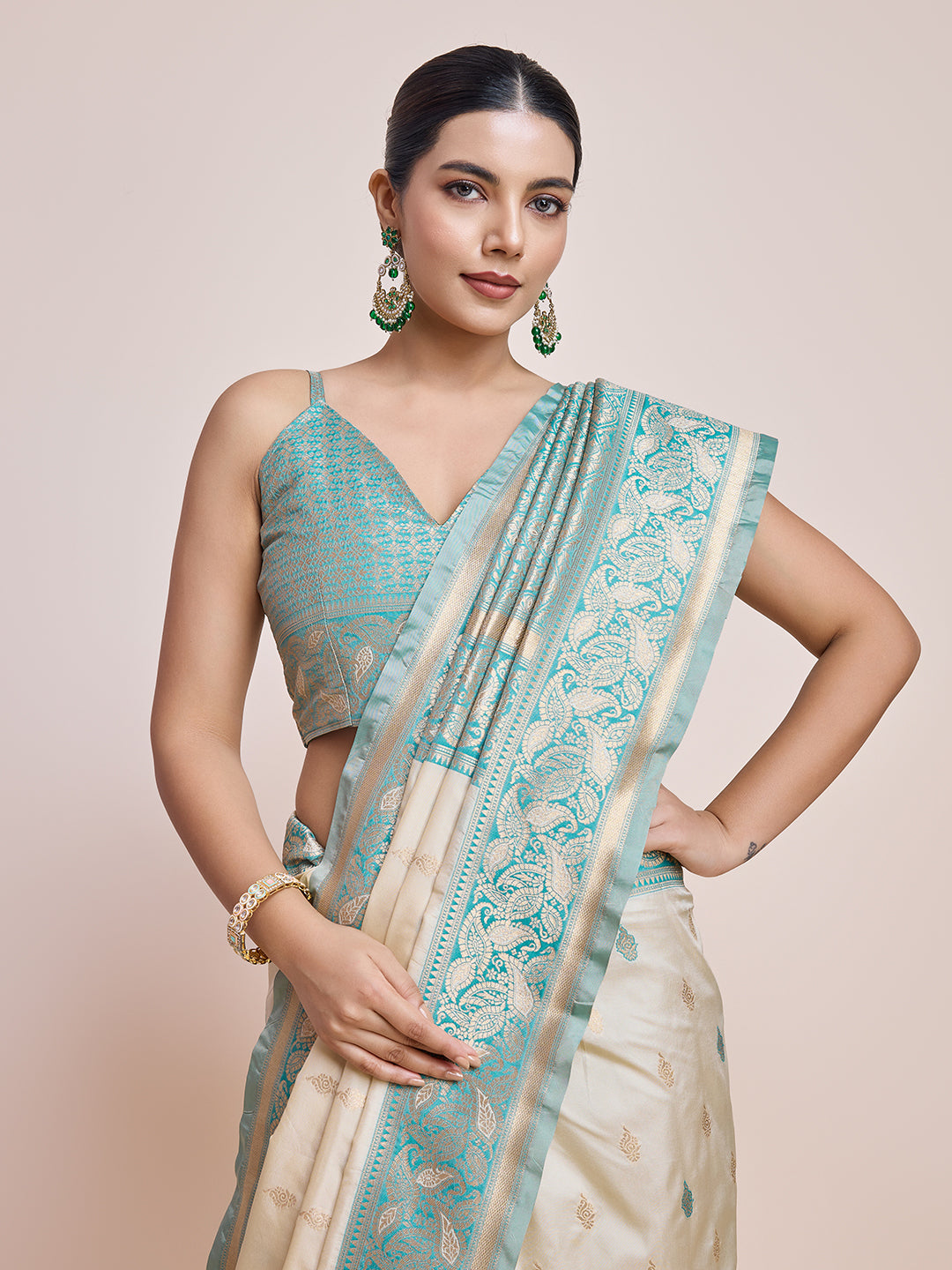 Cream Banarasi Satin Silk Woven Traditional Saree - Monjolika Fashion Cream Banarasi Satin Silk Woven Traditional Saree - Monjolika Fashion