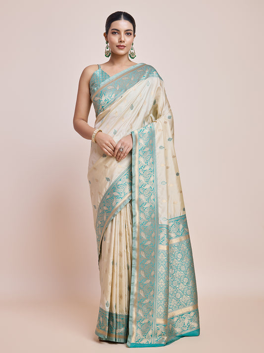 Cream Banarasi Satin Silk Woven Traditional Saree - Monjolika Fashion