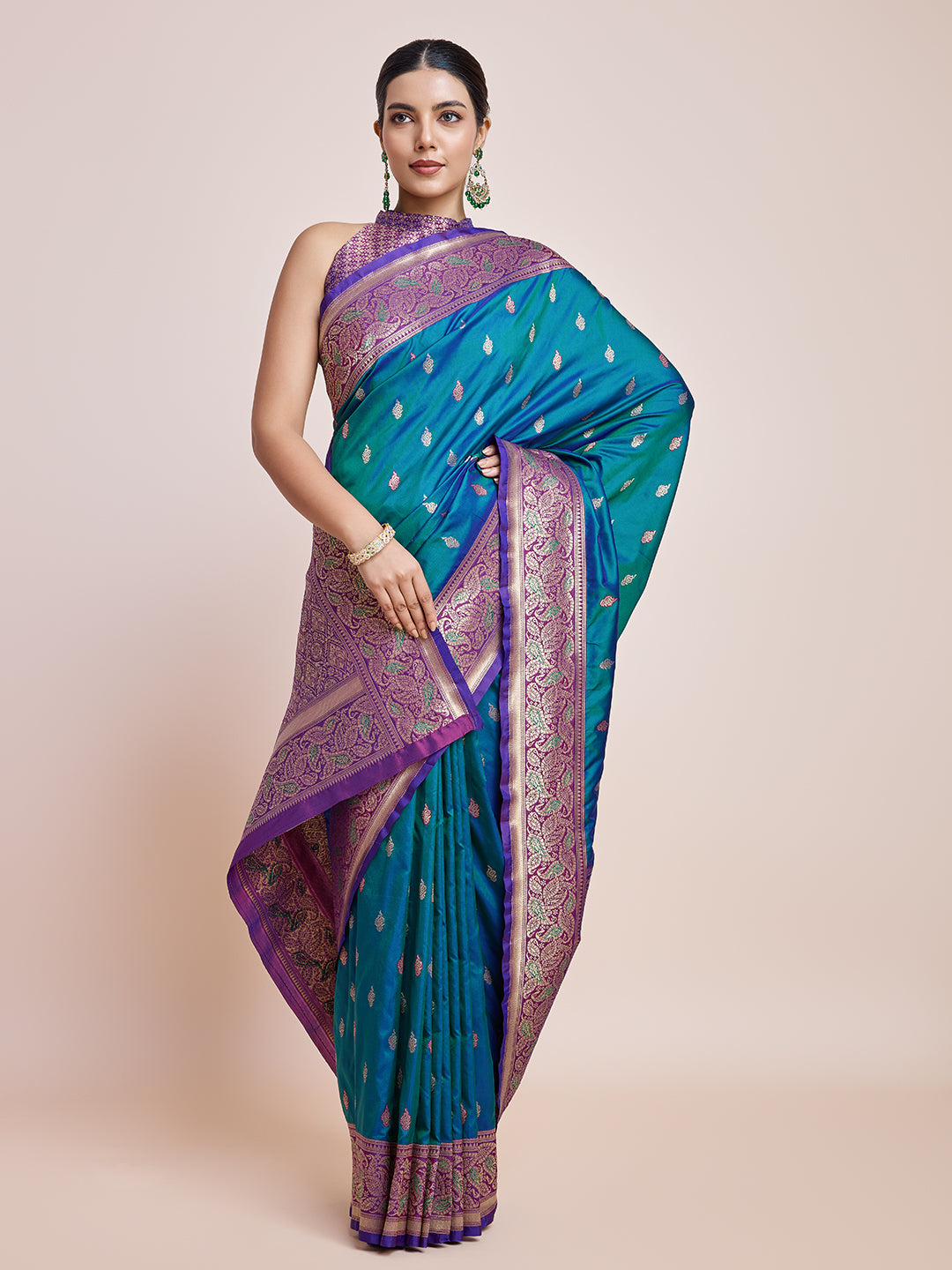 Teal Blue Banarasi Satin Silk Zari Woven Classic Saree - Monjolika Fashion Teal Blue Banarasi Satin Silk Zari Woven Classic Saree - Monjolika Fashion