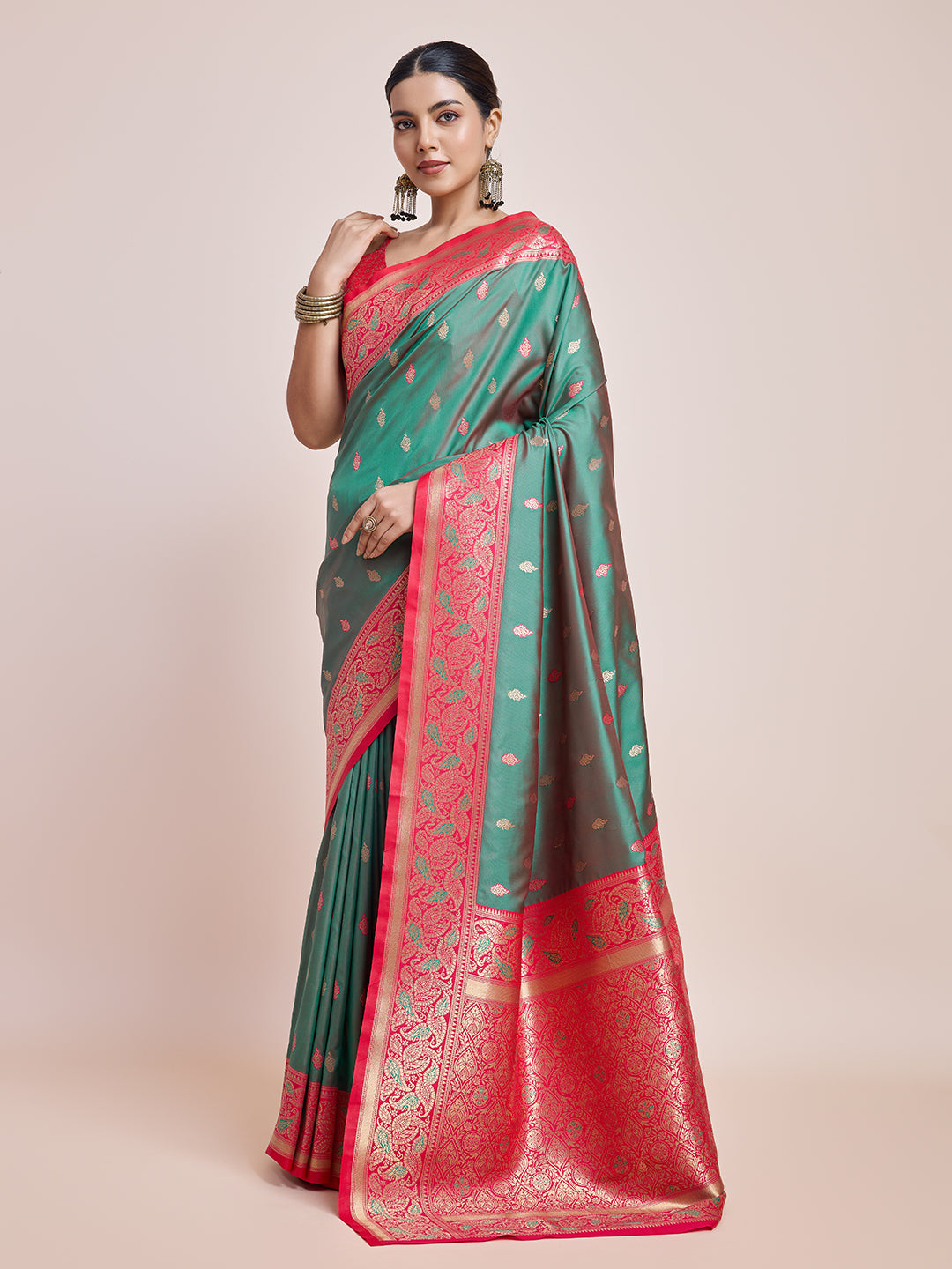 Green Banarasi Satin Silk Woven Trendy Saree - Monjolika Fashion Green Banarasi Satin Silk Woven Trendy Saree - Monjolika Fashion