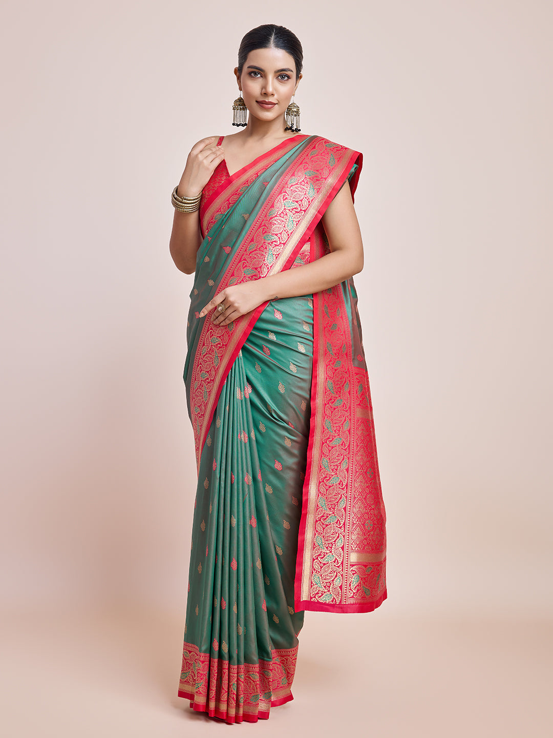 Green Banarasi Satin Silk Woven Trendy Saree - Monjolika Fashion Green Banarasi Satin Silk Woven Trendy Saree - Monjolika Fashion