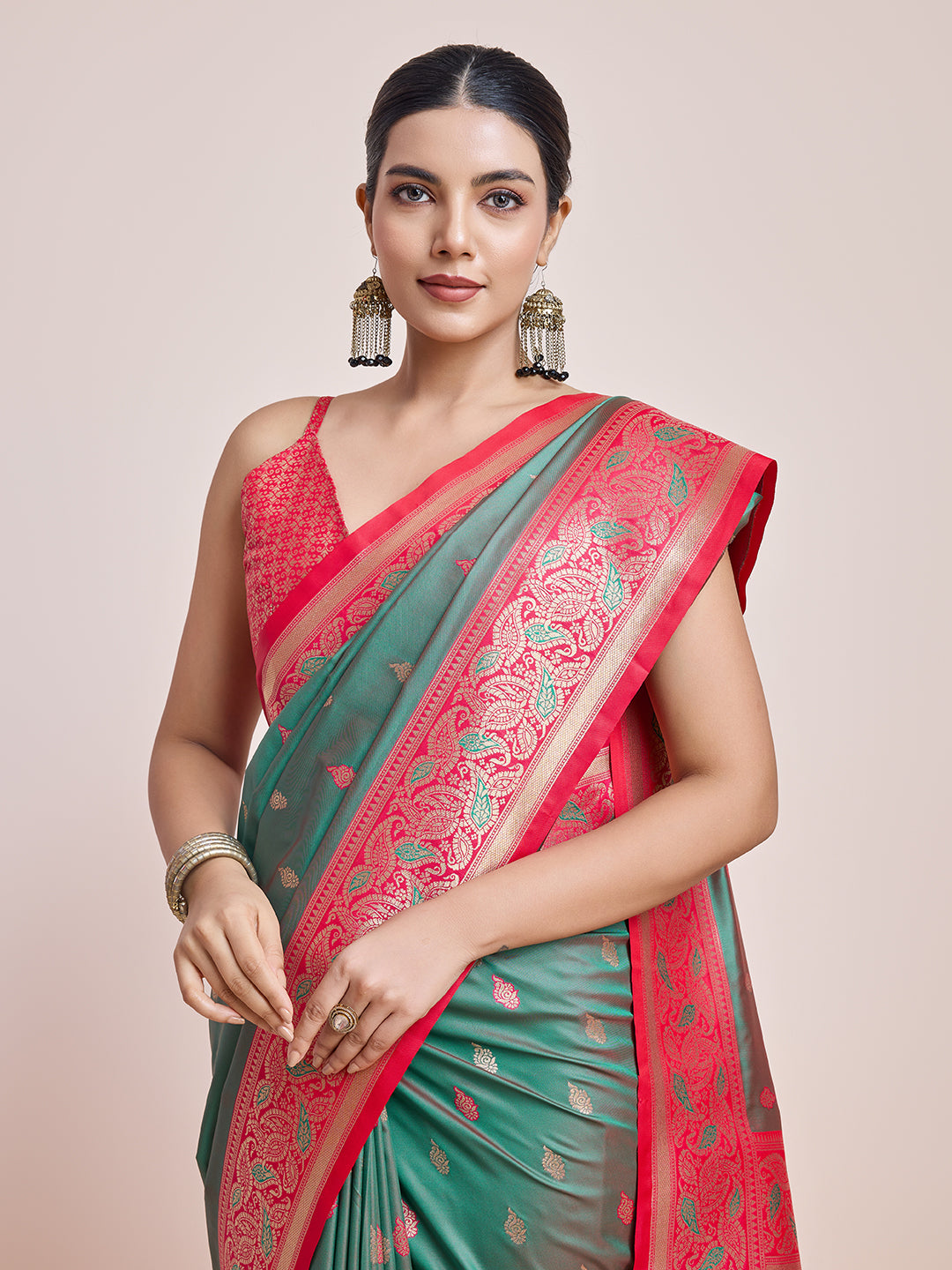 Green Banarasi Satin Silk Woven Trendy Saree - Monjolika Fashion Green Banarasi Satin Silk Woven Trendy Saree - Monjolika Fashion