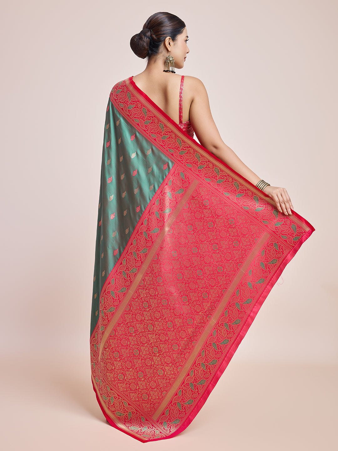 Green Banarasi Satin Silk Woven Trendy Saree - Monjolika Fashion Green Banarasi Satin Silk Woven Trendy Saree - Monjolika Fashion