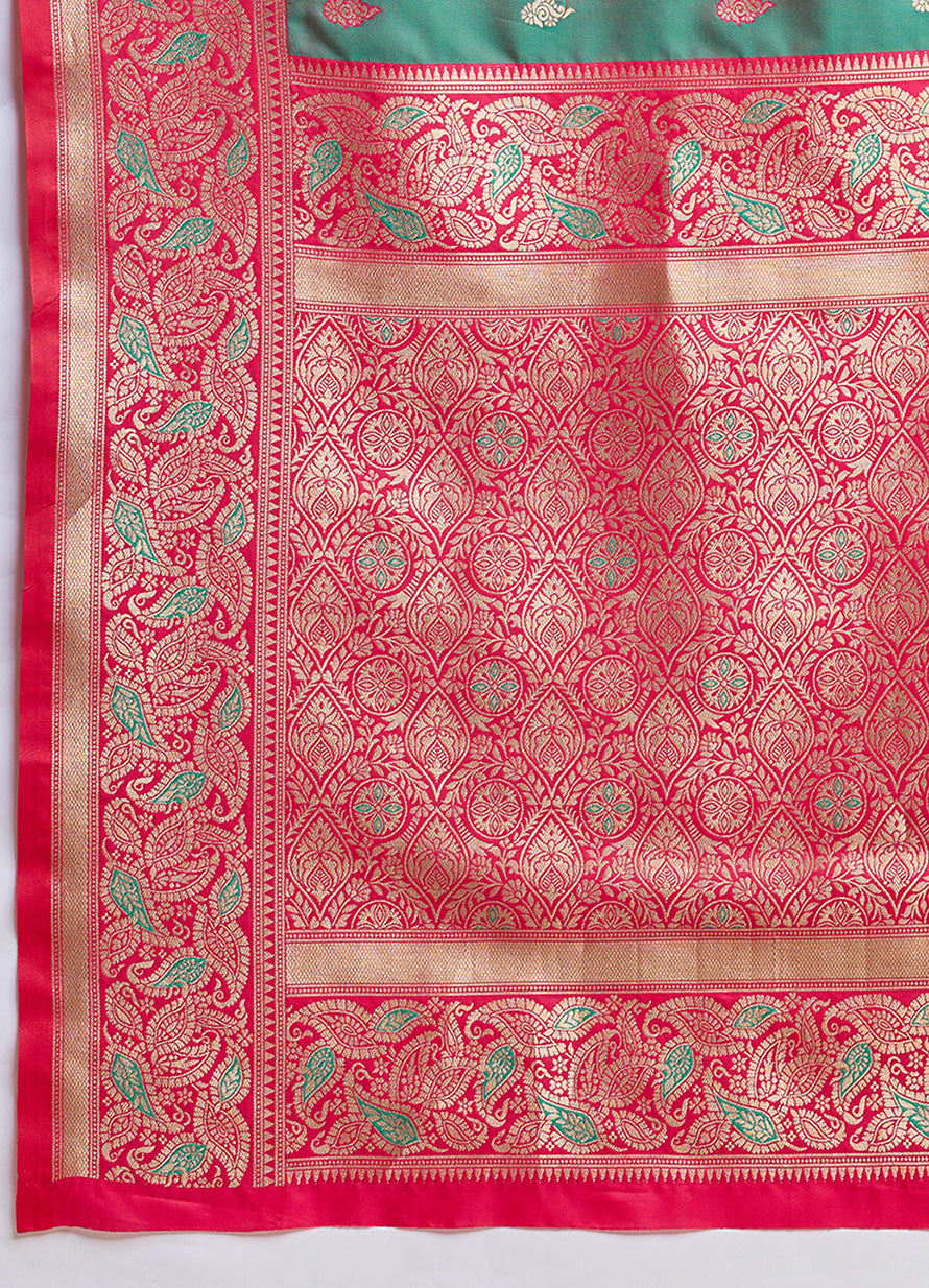 Green Banarasi Satin Silk Woven Trendy Saree - Monjolika Fashion Green Banarasi Satin Silk Woven Trendy Saree - Monjolika Fashion