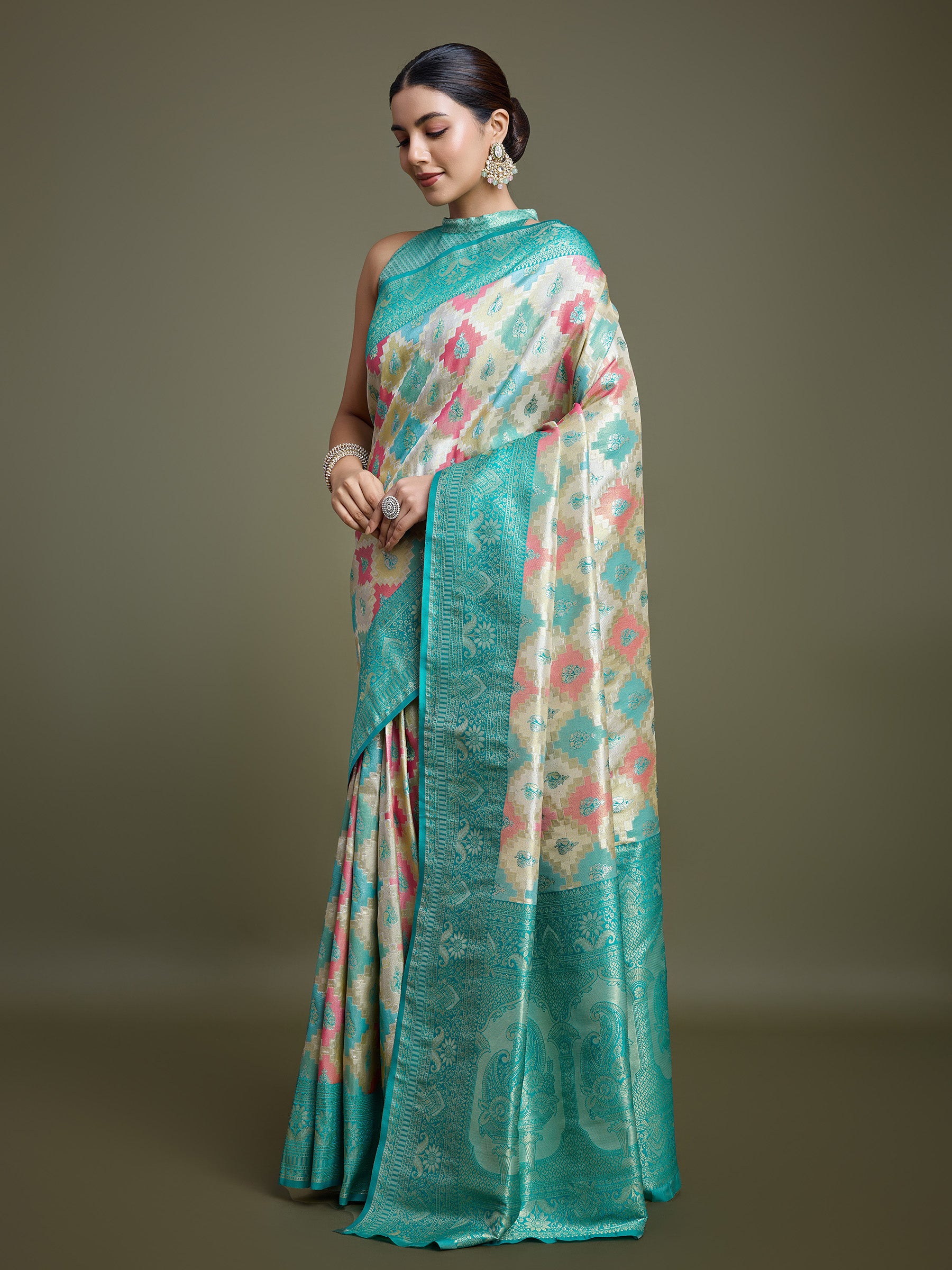 Turquoise And Cream Banarasi Silk Woven Stunning Saree - Monjolika Fashion Turquoise And Cream Banarasi Silk Woven Stunning Saree - Monjolika Fashion