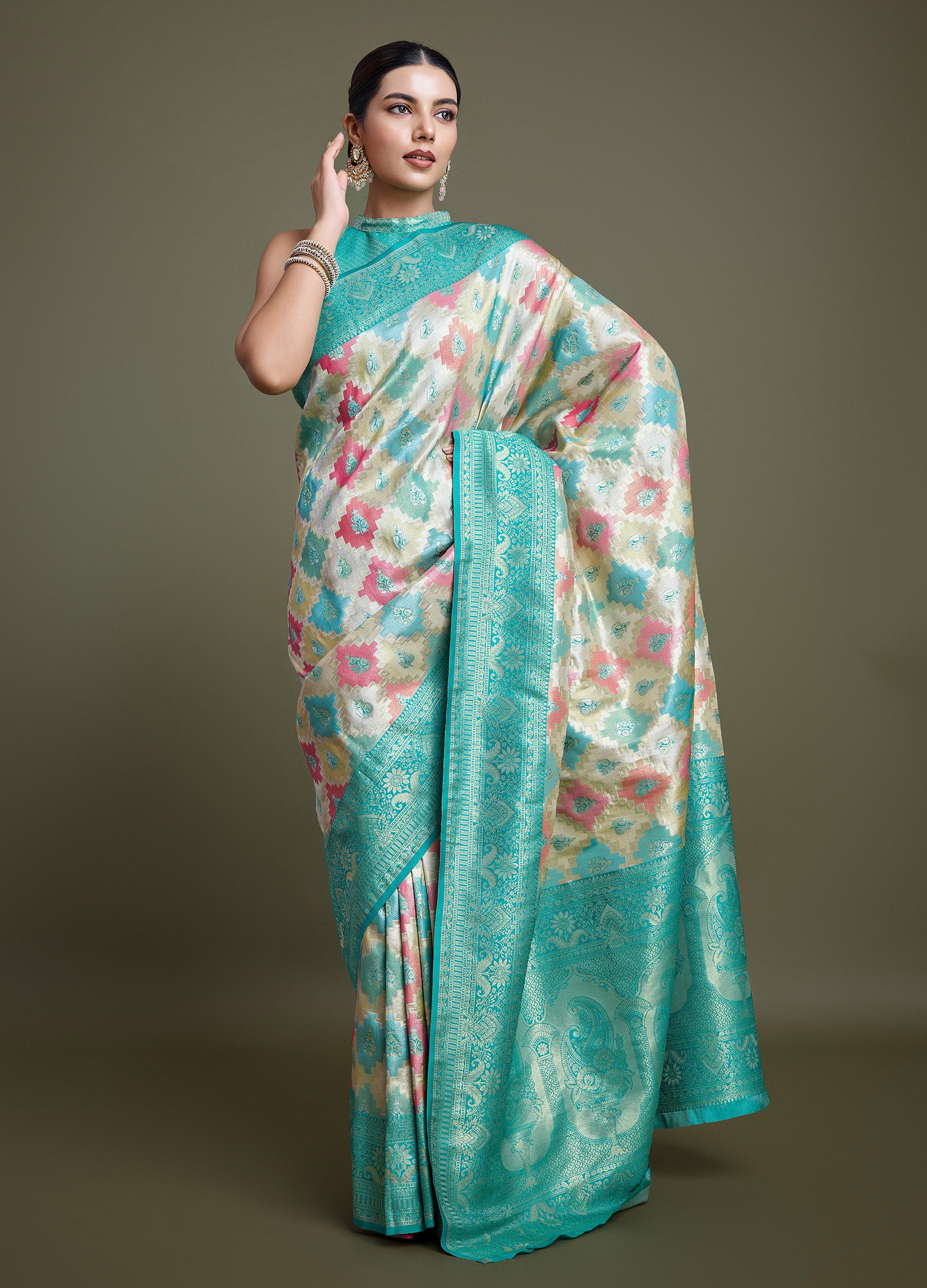 Turquoise And Cream Banarasi Silk Woven Stunning Saree - Monjolika Fashion Turquoise And Cream Banarasi Silk Woven Stunning Saree - Monjolika Fashion