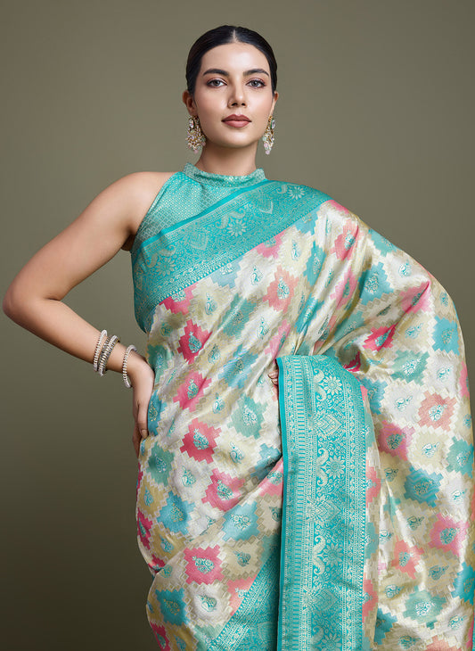 Turquoise And Cream Banarasi Silk Woven Stunning Saree - Monjolika Fashion