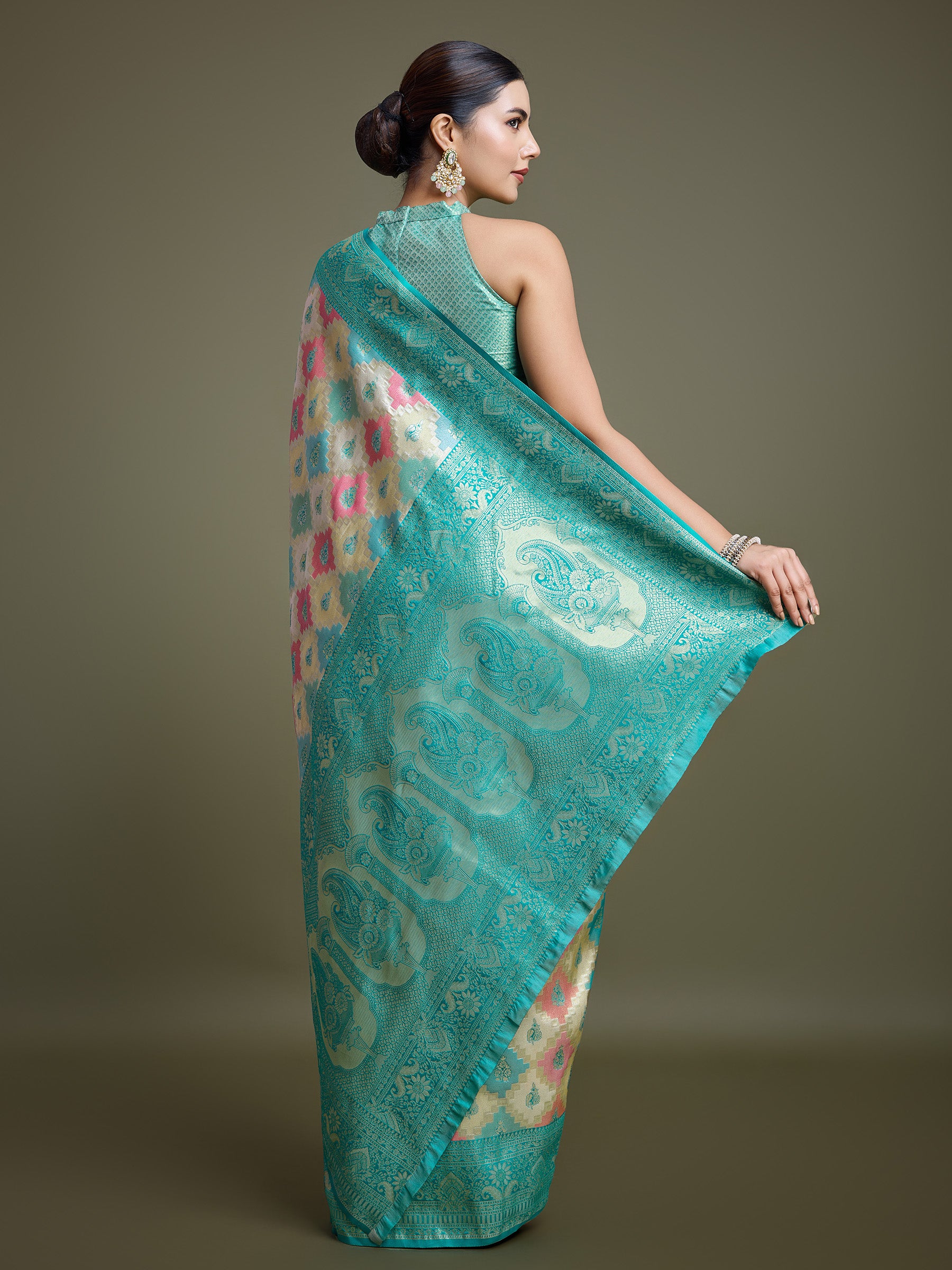 Turquoise And Cream Banarasi Silk Woven Stunning Saree - Monjolika Fashion Turquoise And Cream Banarasi Silk Woven Stunning Saree - Monjolika Fashion