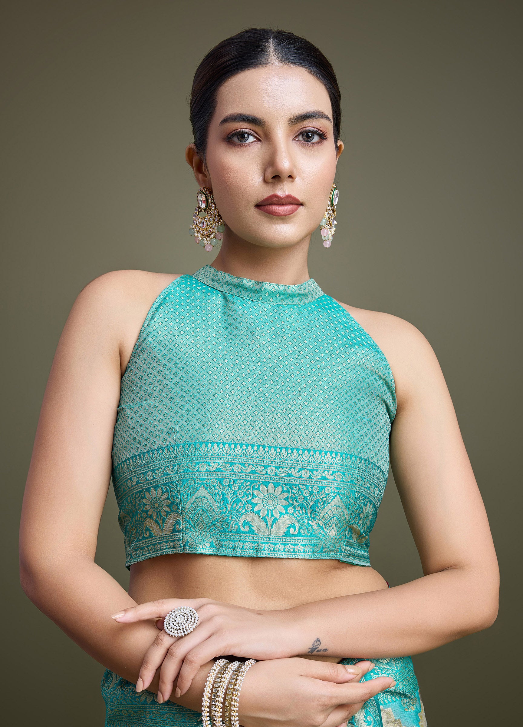 Turquoise And Cream Banarasi Silk Woven Stunning Saree - Monjolika Fashion Turquoise And Cream Banarasi Silk Woven Stunning Saree - Monjolika Fashion