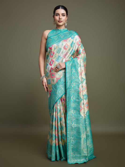 Turquoise And Cream Banarasi Silk Woven Stunning Saree - Monjolika Fashion