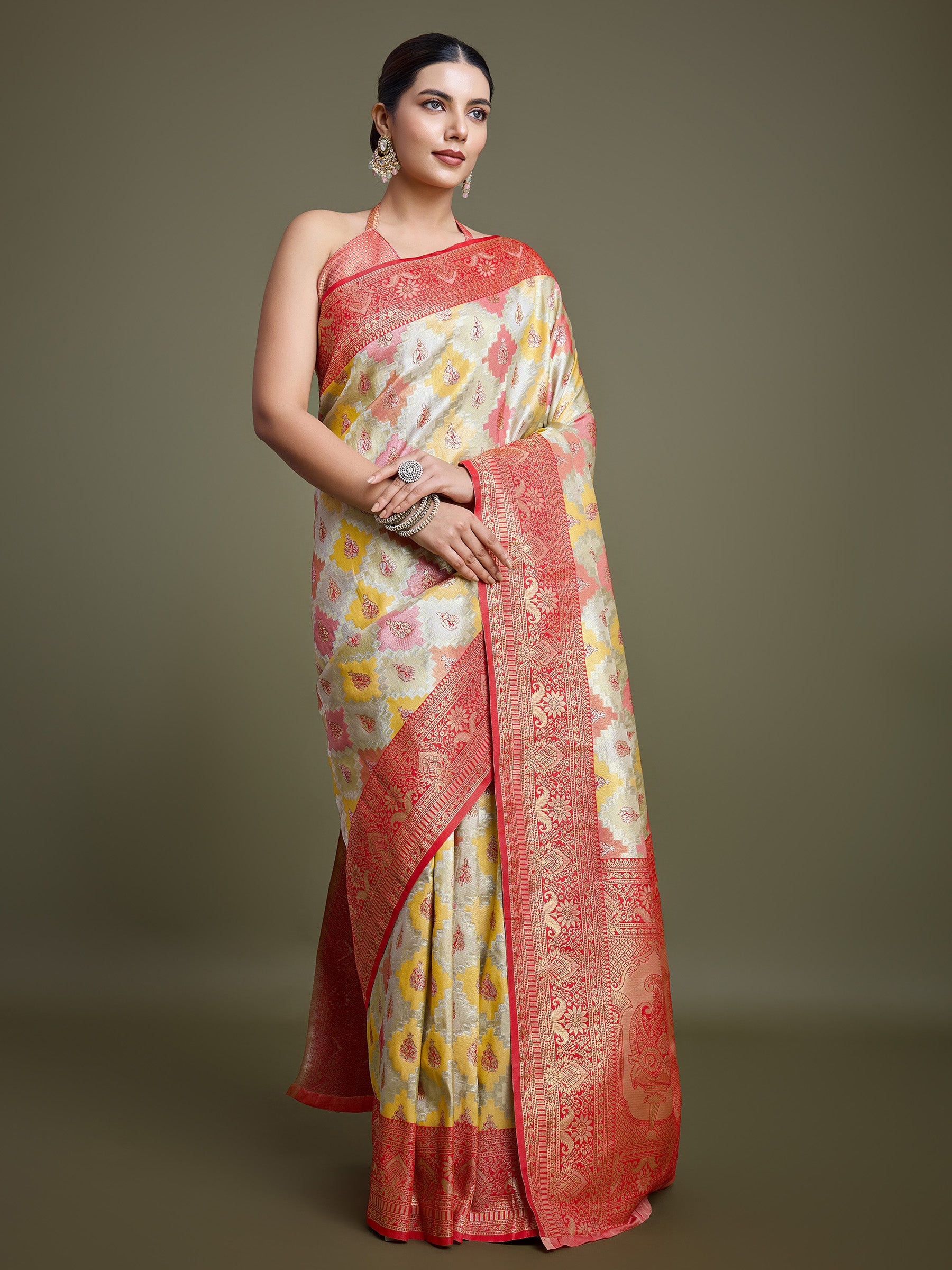 Red And Cream Banarasi Silk Woven Elegance Saree - Monjolika Fashion Red And Cream Banarasi Silk Woven Elegance Saree - Monjolika Fashion