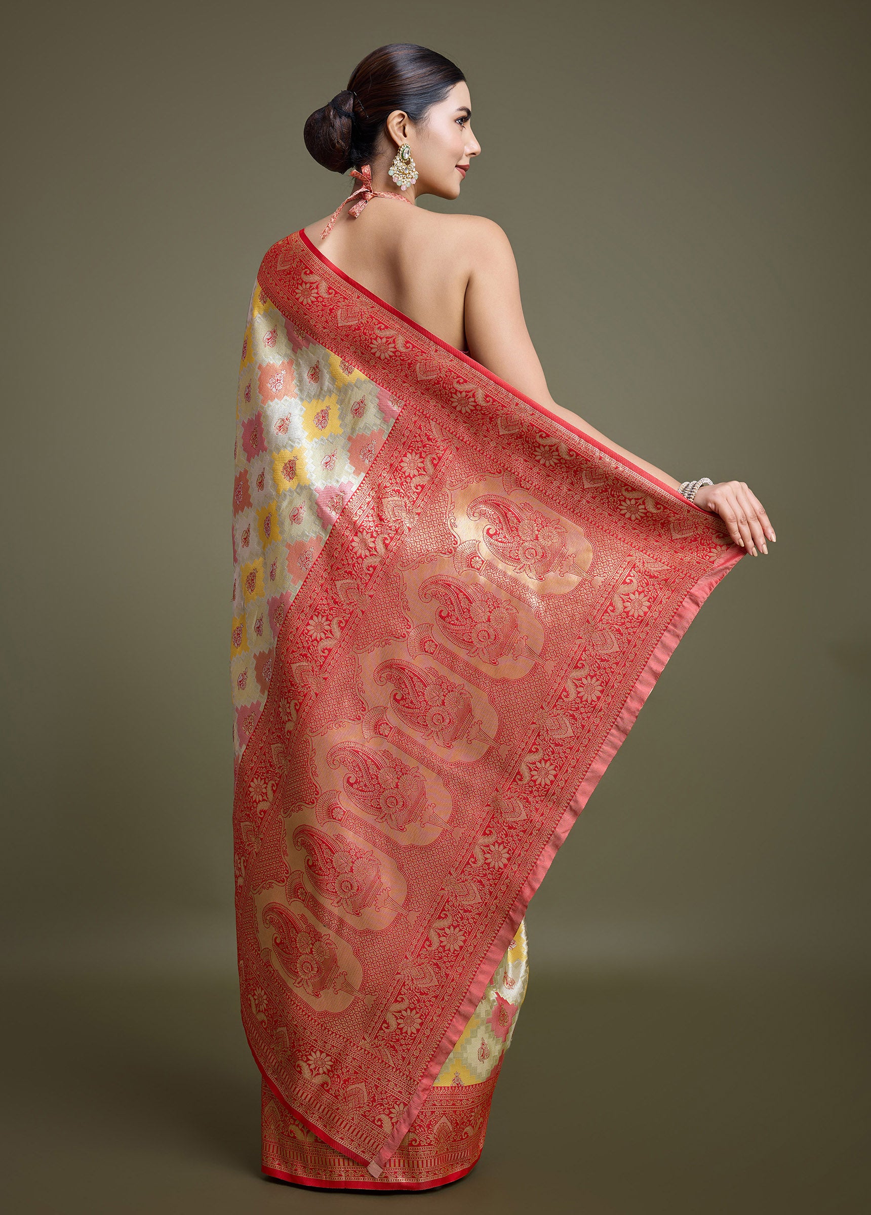 Red And Cream Banarasi Silk Woven Elegance Saree - Monjolika Fashion Red And Cream Banarasi Silk Woven Elegance Saree - Monjolika Fashion
