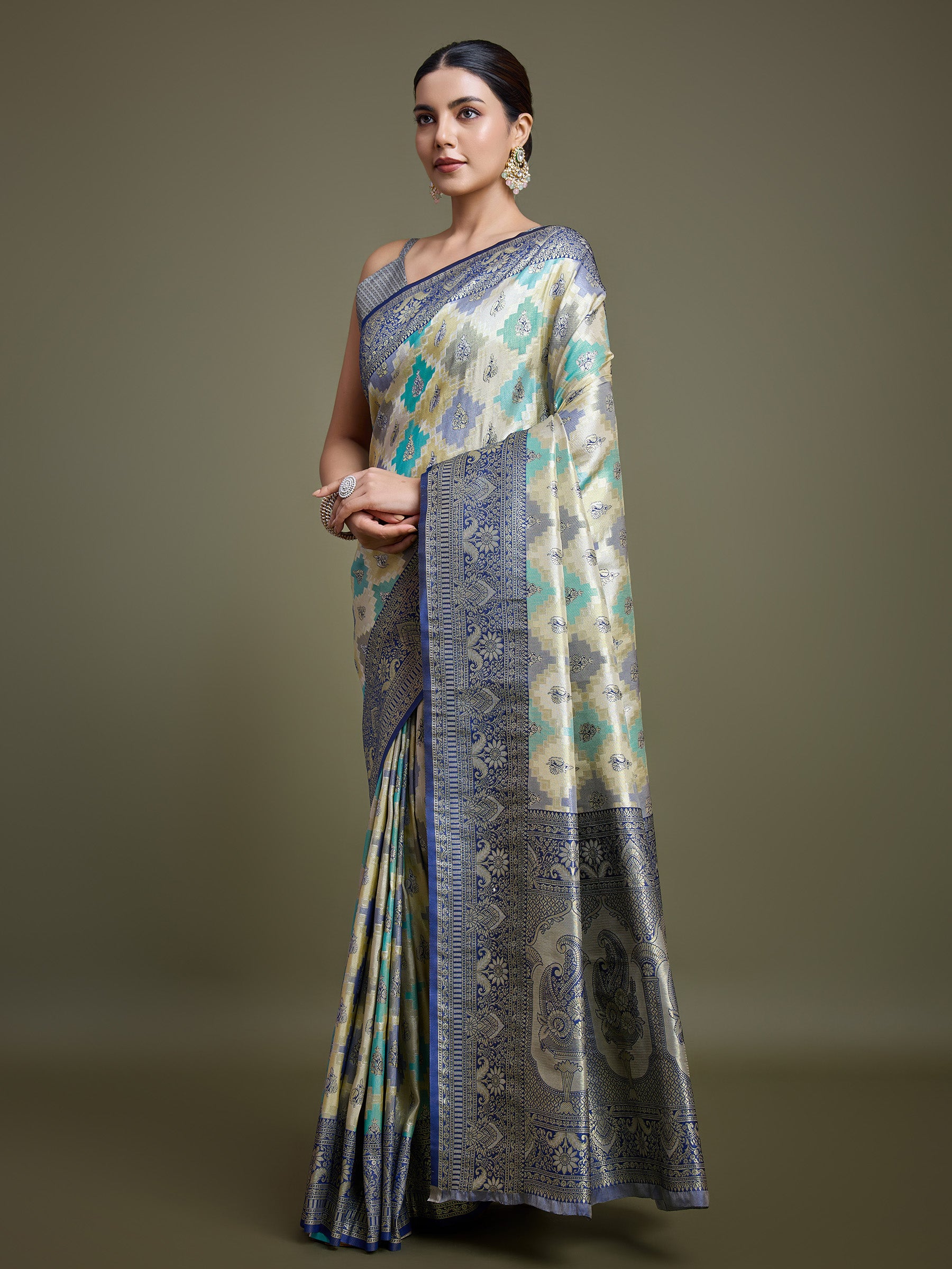 Navy Blue And Cream Banarasi Silk Zari Border Saree - Monjolika Fashion Navy Blue And Cream Banarasi Silk Zari Border Saree - Monjolika Fashion
