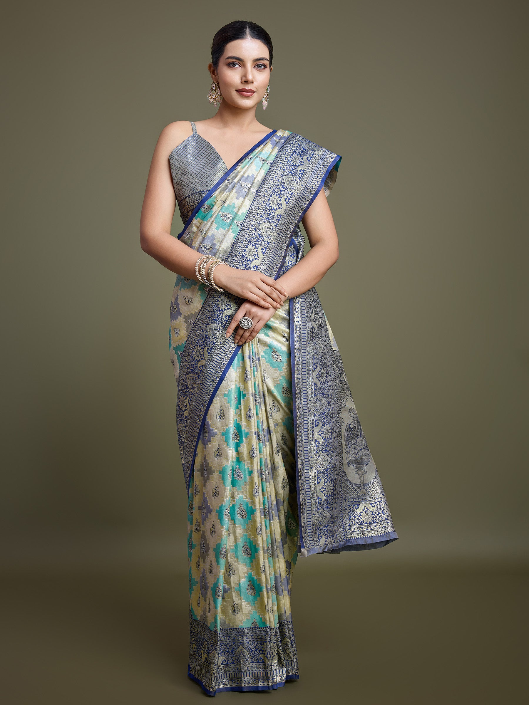 Navy Blue And Cream Banarasi Silk Zari Border Saree - Monjolika Fashion Navy Blue And Cream Banarasi Silk Zari Border Saree - Monjolika Fashion