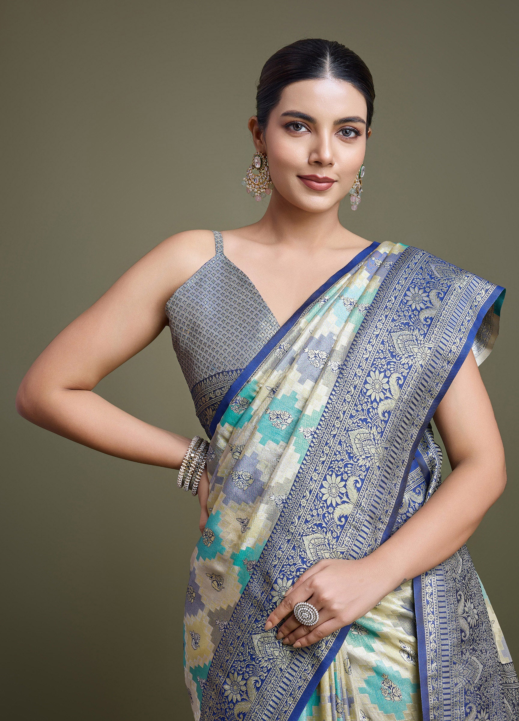 Navy Blue And Cream Banarasi Silk Zari Border Saree - Monjolika Fashion Navy Blue And Cream Banarasi Silk Zari Border Saree - Monjolika Fashion