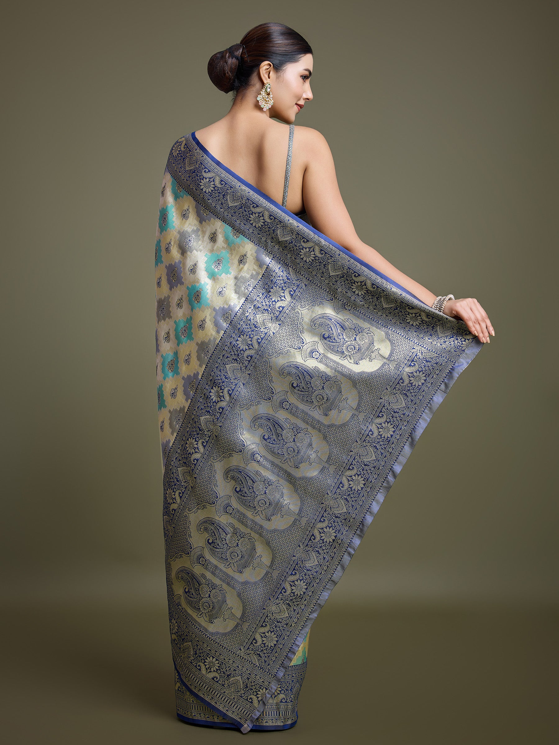 Navy Blue And Cream Banarasi Silk Zari Border Saree - Monjolika Fashion Navy Blue And Cream Banarasi Silk Zari Border Saree - Monjolika Fashion