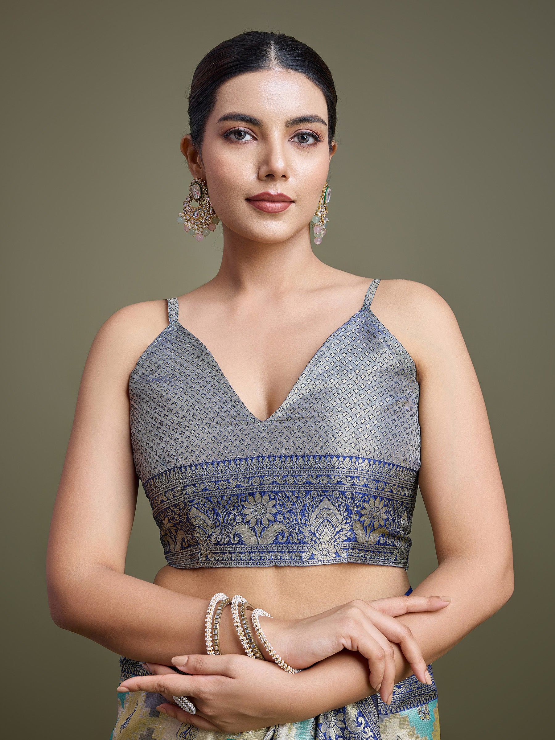 Navy Blue And Cream Banarasi Silk Zari Border Saree - Monjolika Fashion Navy Blue And Cream Banarasi Silk Zari Border Saree - Monjolika Fashion