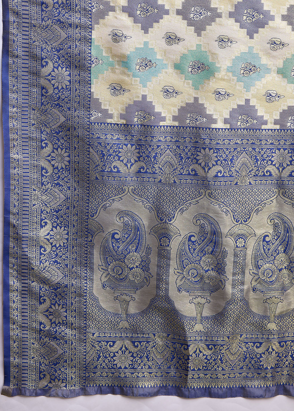 Navy Blue And Cream Banarasi Silk Zari Border Saree - Monjolika Fashion Navy Blue And Cream Banarasi Silk Zari Border Saree - Monjolika Fashion