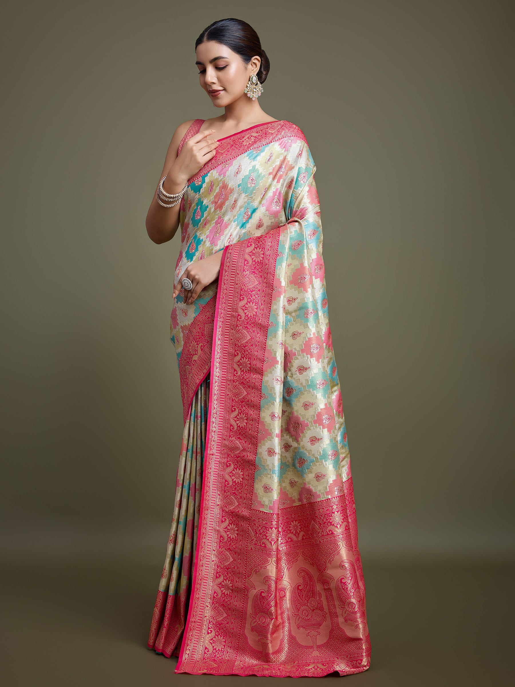 Pink And Cream Banarasi Silk Zari Traditonal Saree - Monjolika Fashion Pink And Cream Banarasi Silk Zari Traditonal Saree - Monjolika Fashion