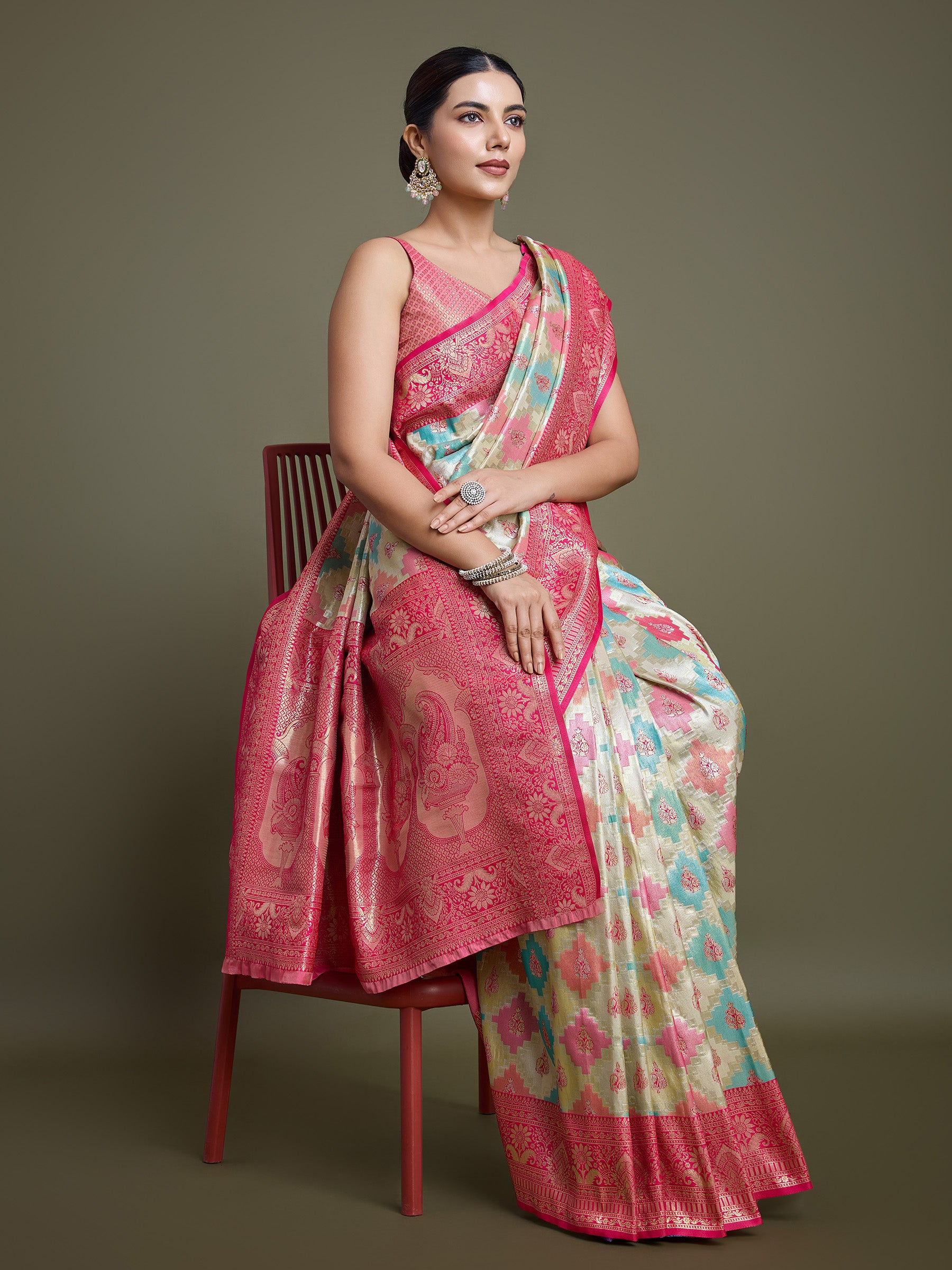Pink And Cream Banarasi Silk Zari Traditonal Saree - Monjolika Fashion Pink And Cream Banarasi Silk Zari Traditonal Saree - Monjolika Fashion