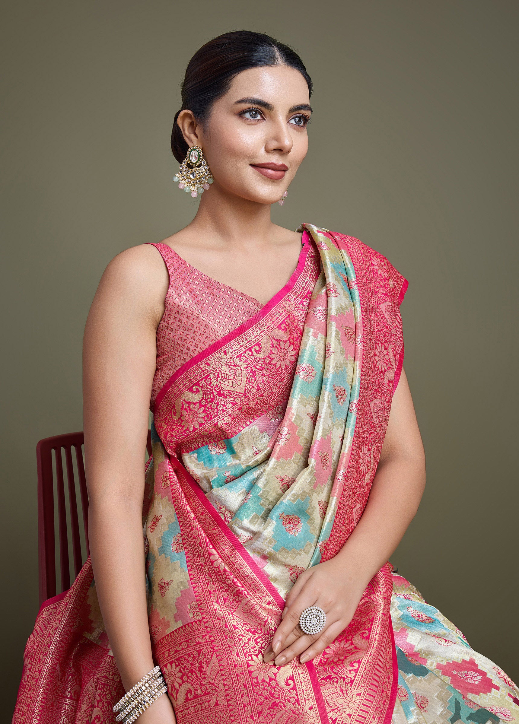 Pink And Cream Banarasi Silk Zari Traditonal Saree - Monjolika Fashion Pink And Cream Banarasi Silk Zari Traditonal Saree - Monjolika Fashion