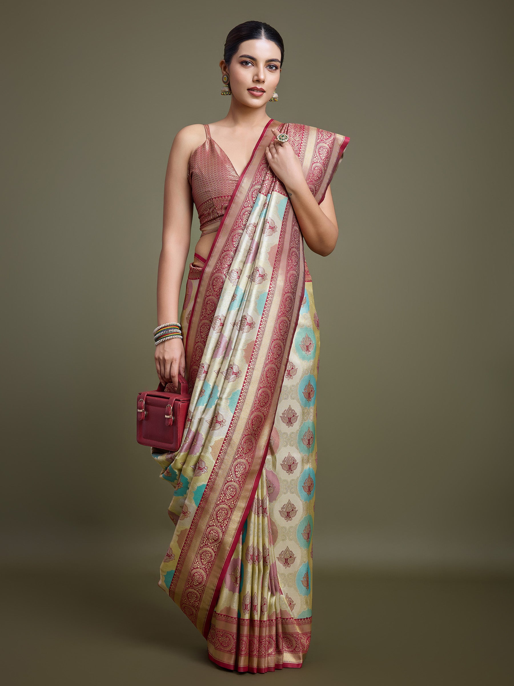 Maroon And Cream Banarasi Silk Jacquard weaving work Saree - Monjolika Fashion Maroon And Cream Banarasi Silk Jacquard weaving work Saree - Monjolika Fashion